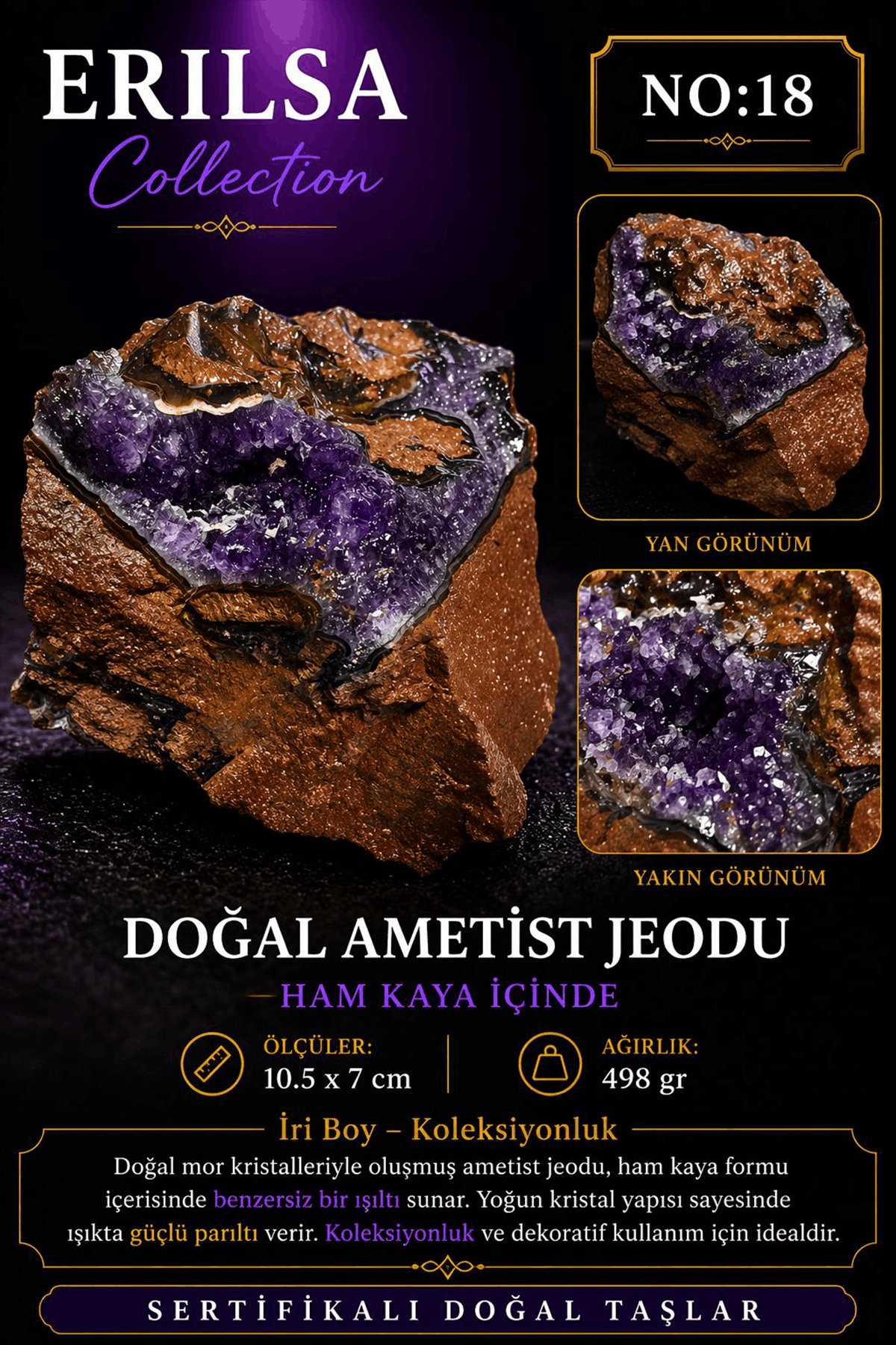 Sertifikalı Doğal Ametist Jeodu Taşı Kütle İri Kristalli Ham Kaya Mor Doğal Taş Dekor Koleksiyonluk