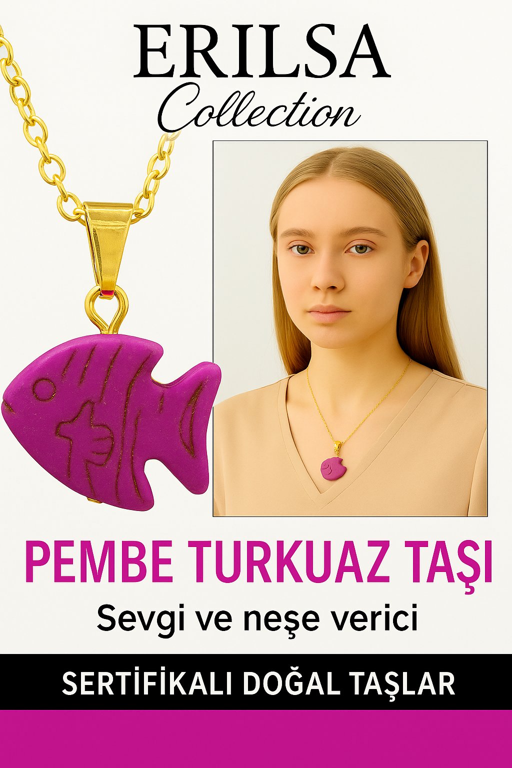 Sertifikalı Sarı Renkli Balık Model Pembe Turkuaz Taşı Kolye – Sevgi, Şans ve Ruhsal Koruma Taşı
