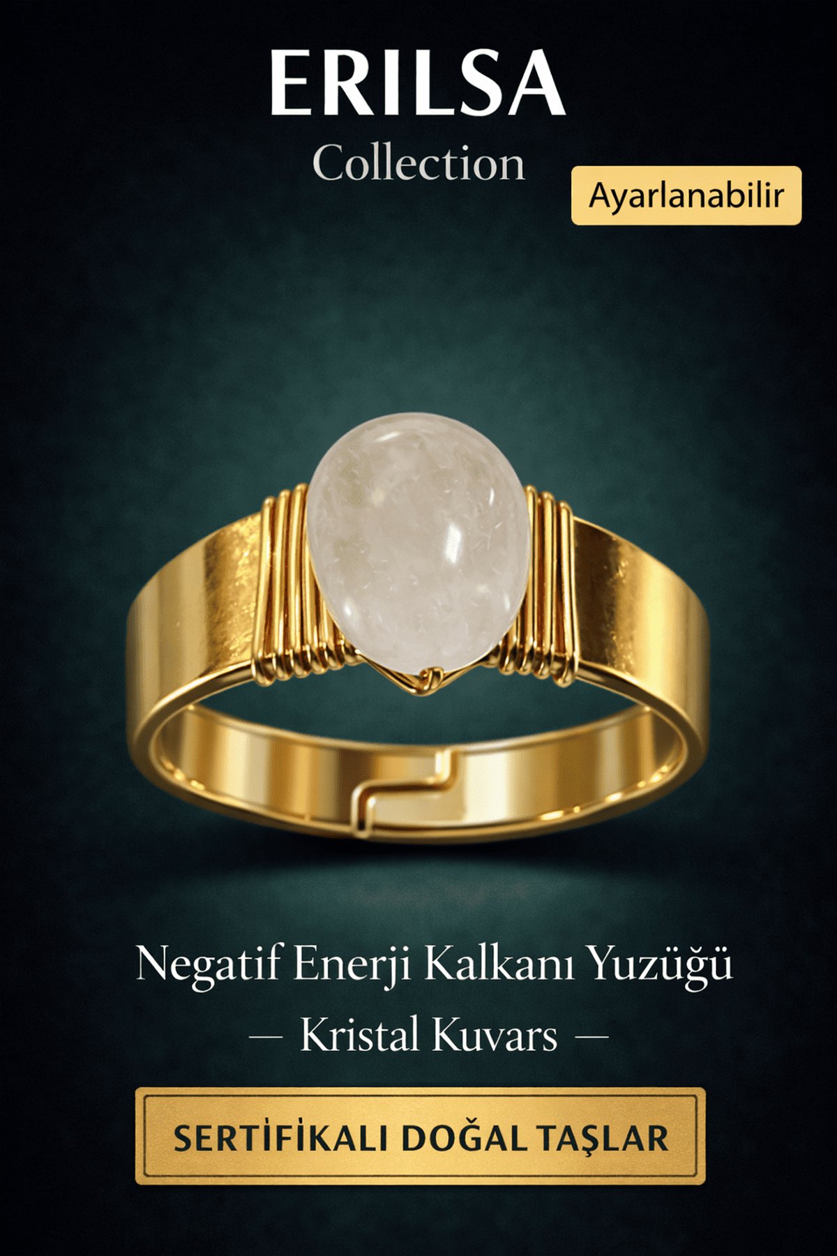 Sertifikalı Mat Kristal Kuvars Doğal Taş Yüzük Ayarlamalı - Bakır Üzeri Altın Kaplama Enerji Yüzüğü