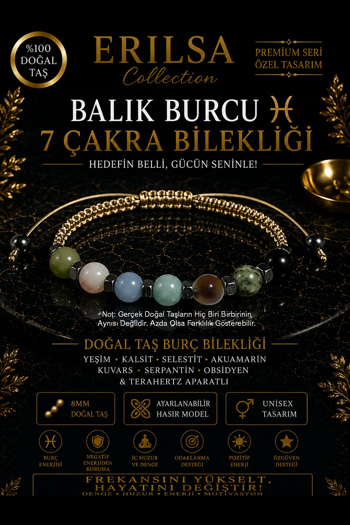 Sertifikalı Balık Burcu 7 Çakra Doğal Taş Bileklik - Ayarlamalı Unisex Lüks Hem Bileklik Hem Halhal