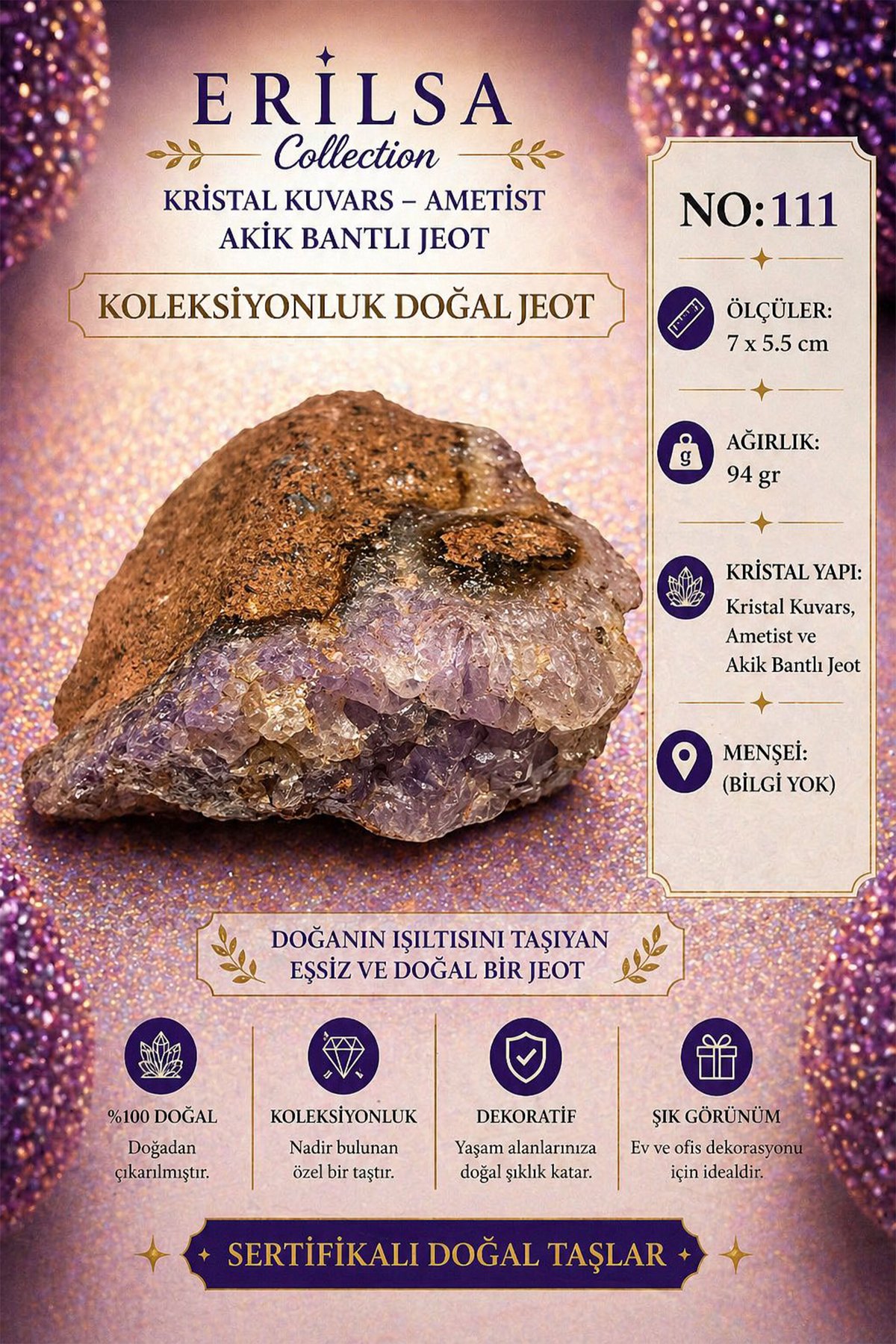 Sertifikalı Kristal Kuvars Ametist Akik Bantlı Jeot Koleksiyonluk Doğal Taş Dekoratif Obje NO111