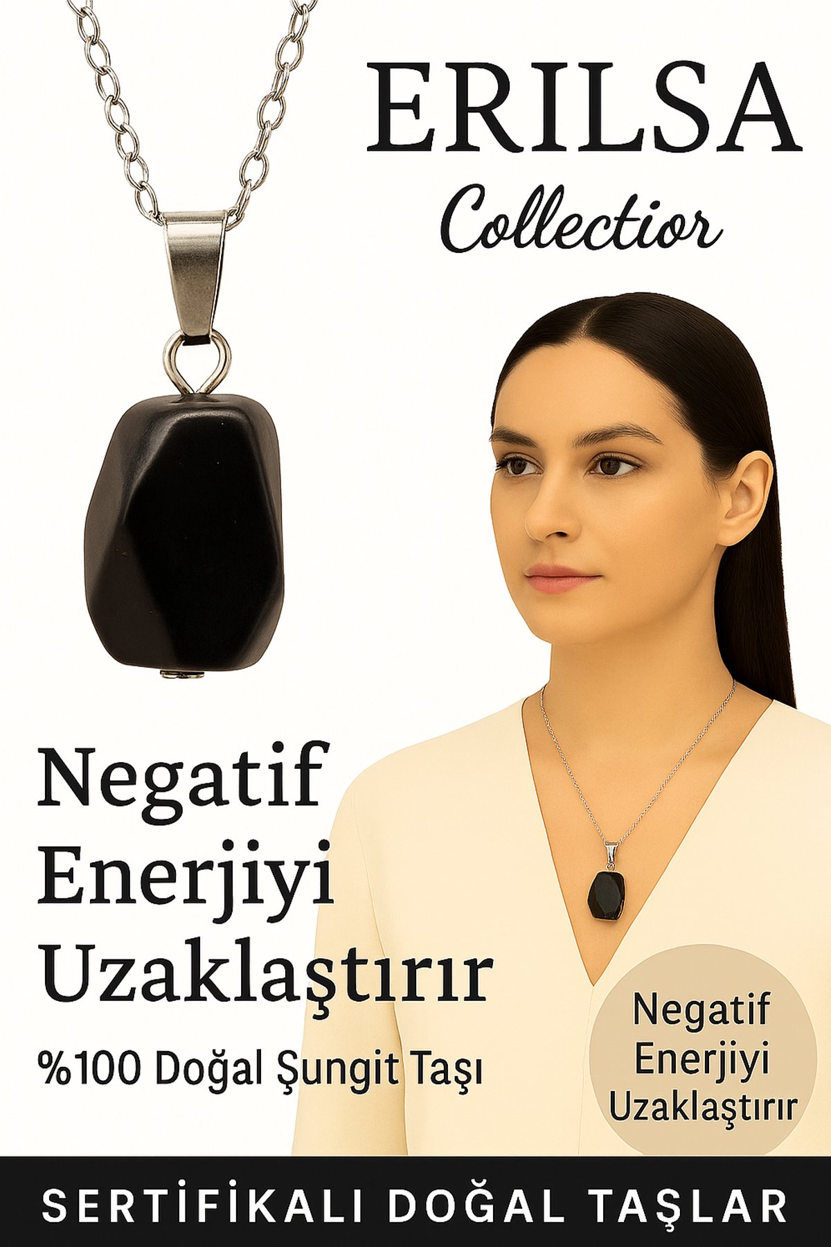 Sertifikalı Fasetli Şungit Doğal Taş Kolye – Negatif Enerji Koruma Denge ve Sağlık Taşı