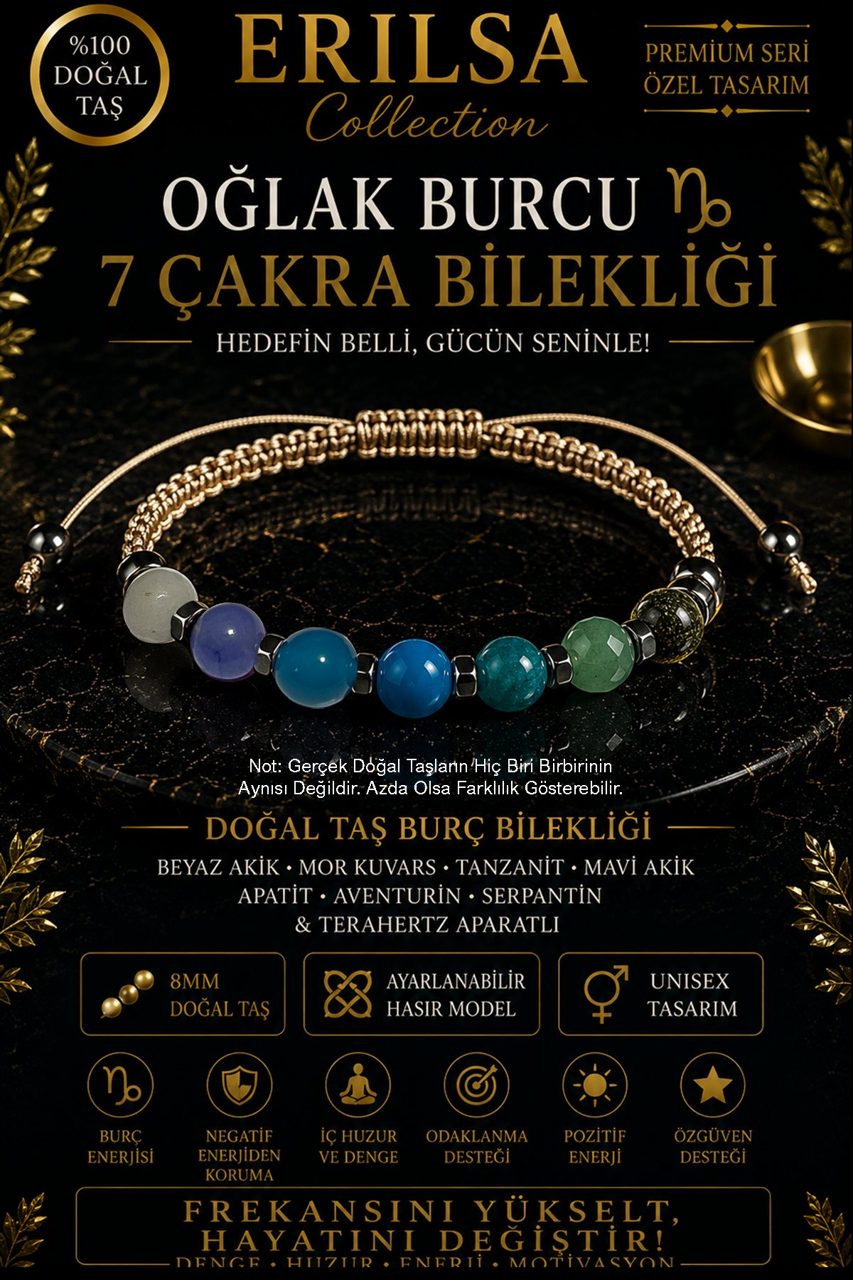 Sertifikalı Oğlak Burcu 7 Çakra Doğal Taş Bileklik - Ayarlamalı Unisex Lüks Hem Bileklik Hem Halhal