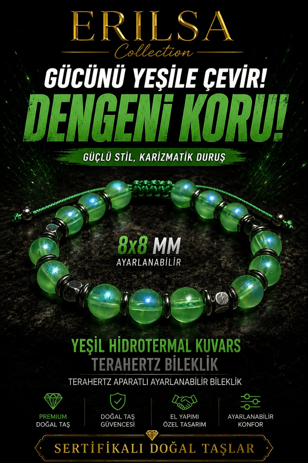 Sertifikalı Terahertz - Aura Koyu Yeşil Hidrotermal Kuvars Denge Bilekliği - 8 MM Doğal Taş
