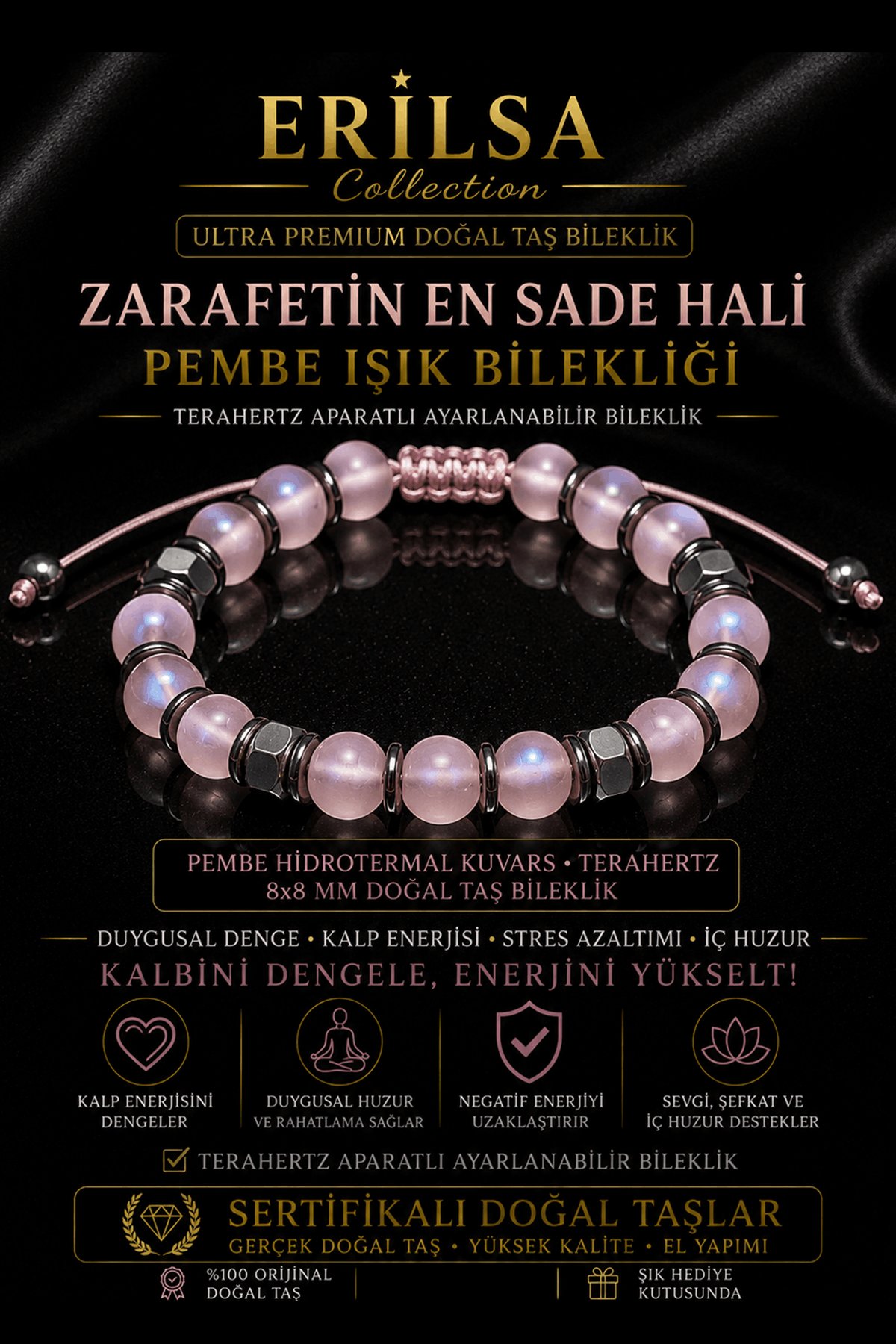 Sertifikalı Terahertz - Pembe Hidrotermal Kuvars Dişil Enerji Denge Bilekliği - 8 MM Ayarlanabilir