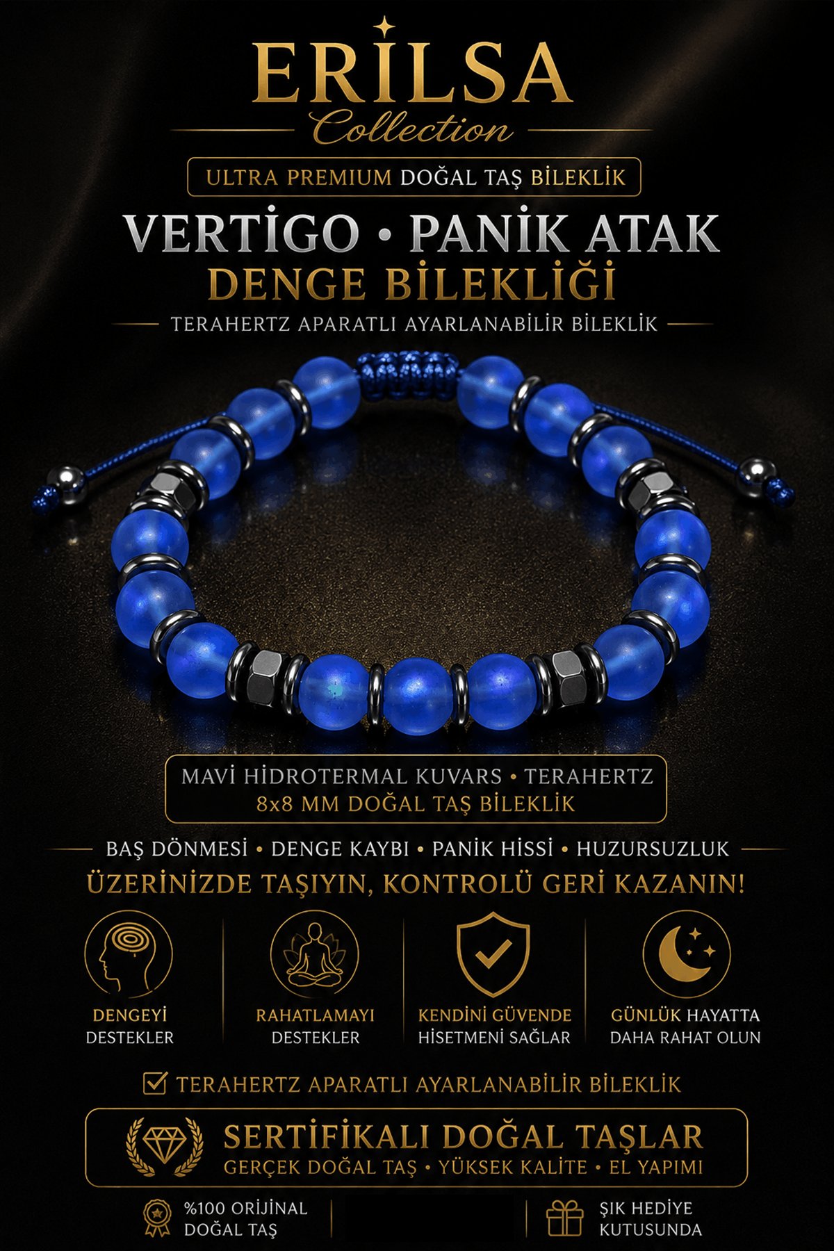 Sertifikalı Mavi Hidrotermal Kuvars Terahertz Vertigo Panik Atak Denge Bilekliği - 8 MM Unisex