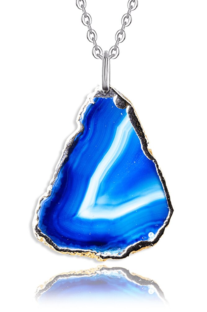 Kalite Doğal Desenli Mavi Akik Taşı Kolye