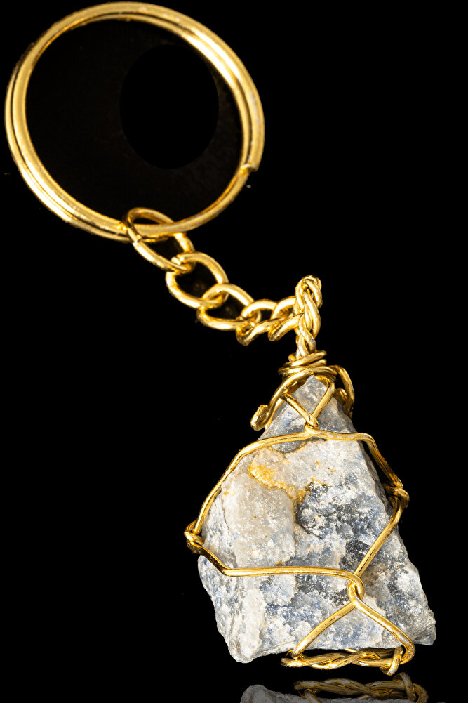 Sertifikalı Tel Sargılı Ham Angelit - Melek Taşı Anahtarlık - Altın Kaplama