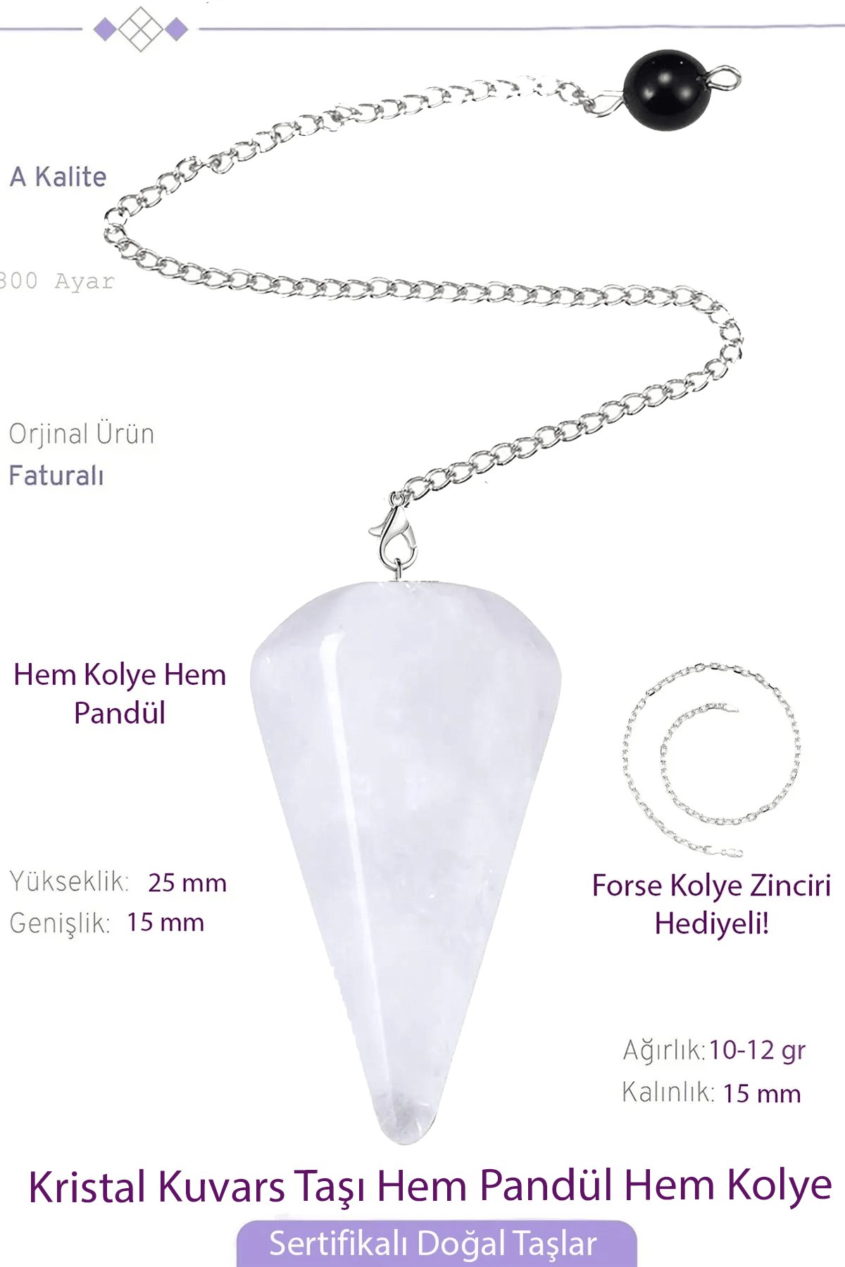 Sertifikalı Kristal Kuvars Taşı Pandül Sarkaç Hem Pandül - Hem Kolye