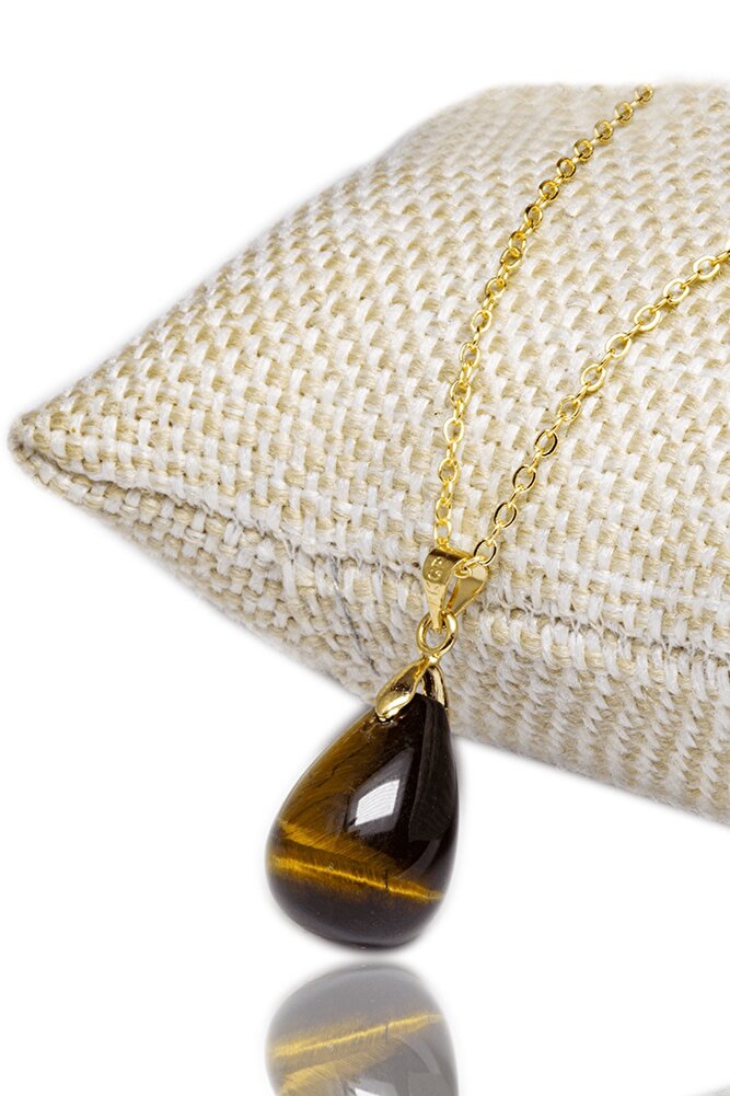 Sertifikalı Damla Drop Model Kaplan Gözü Taşı Kolye - Altın Renkli