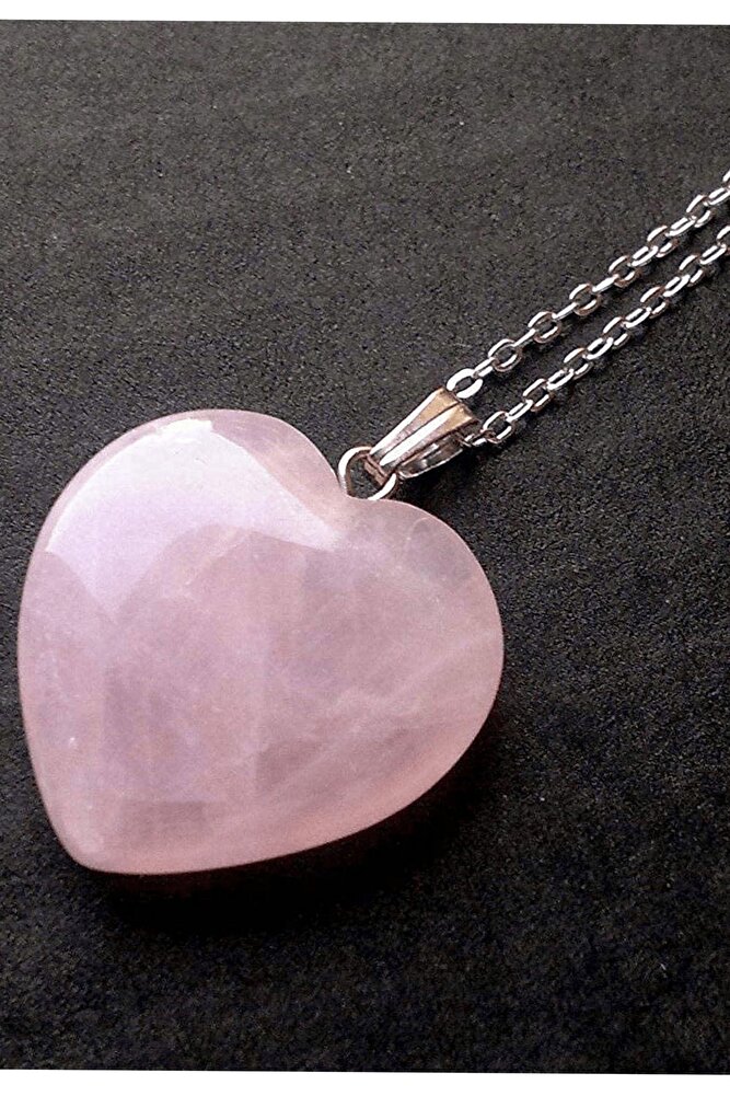 Sertifikalı Kalp Model Gerçek Pembe Kuvars Taşı Kolye