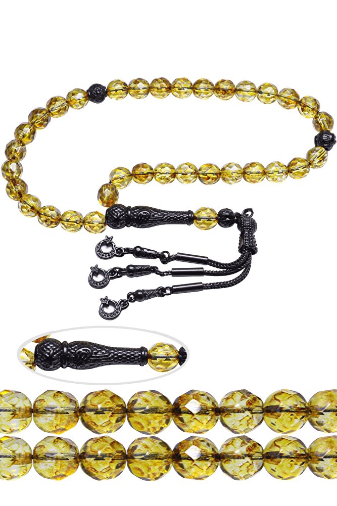 Sertifikalı Siyah Nikel Püsküllü Doğal Sarı Kuvars Taşı Tesbih