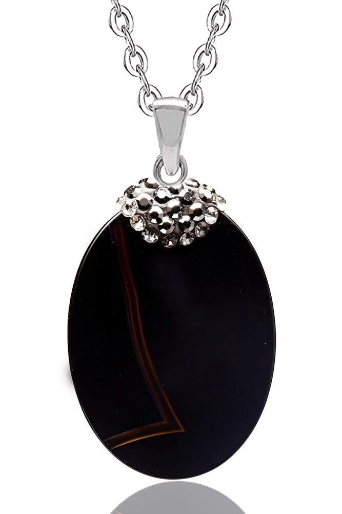 Zirkon Işlemeli Siyah Akik Doğal Taş Kolye