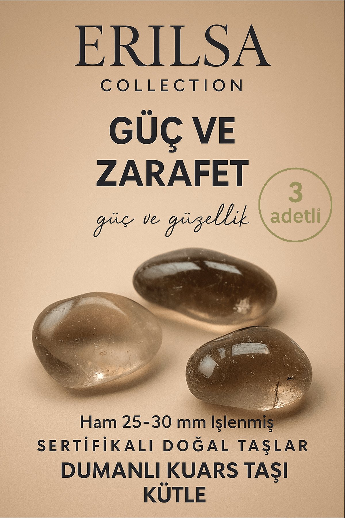 Sertifikalı Doğal Dumanlı Kuvars Taşı Kütle – Denge ve Güç Veren El Taşı 25-30 mm - 3 Adetli