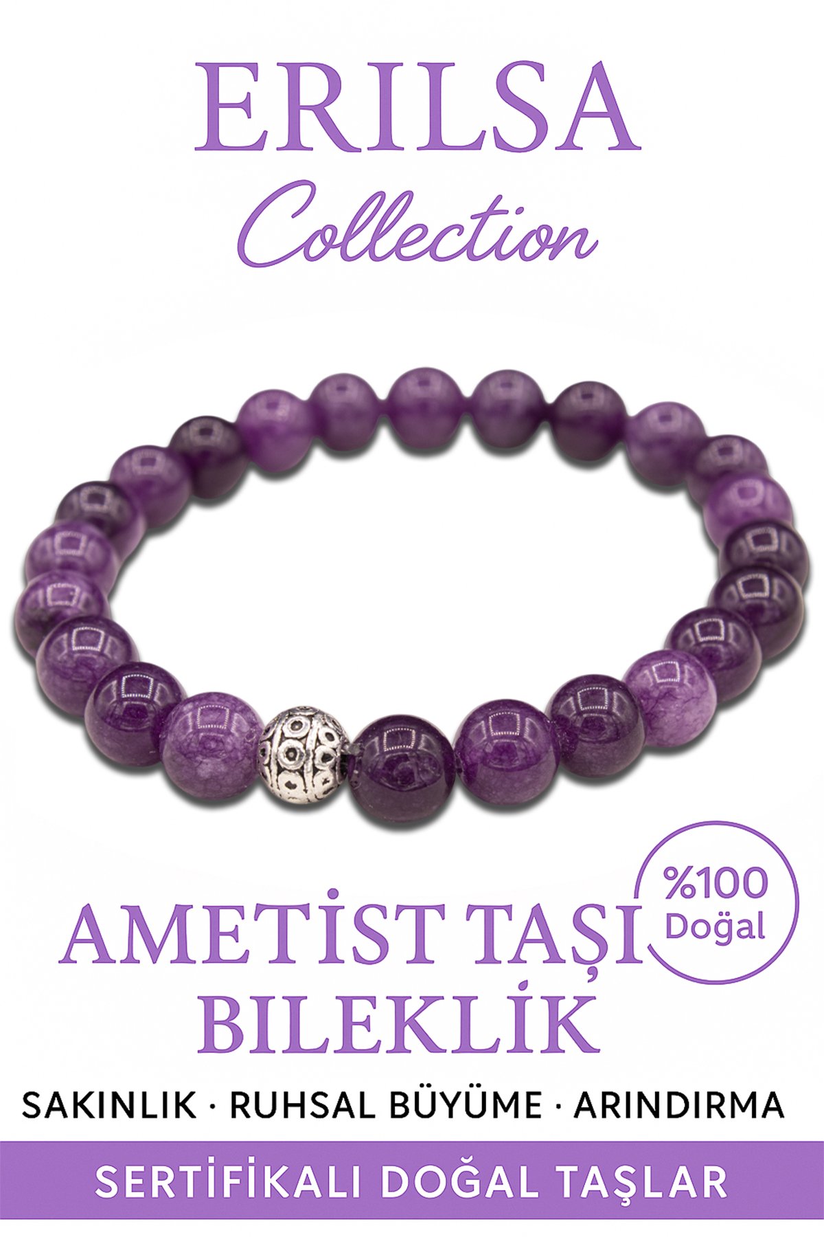 Sertifikalı AAA Gerçek Ametist Taşı Bileklik Hindistan Stresi Azaltır ve Huzur Verir