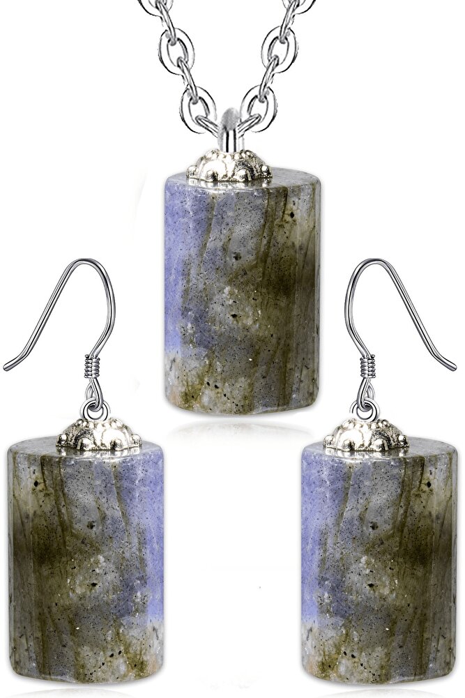 Sertifikalı Doğal Labradorit Taşı Doğal Taş Kolye Küpe Seti