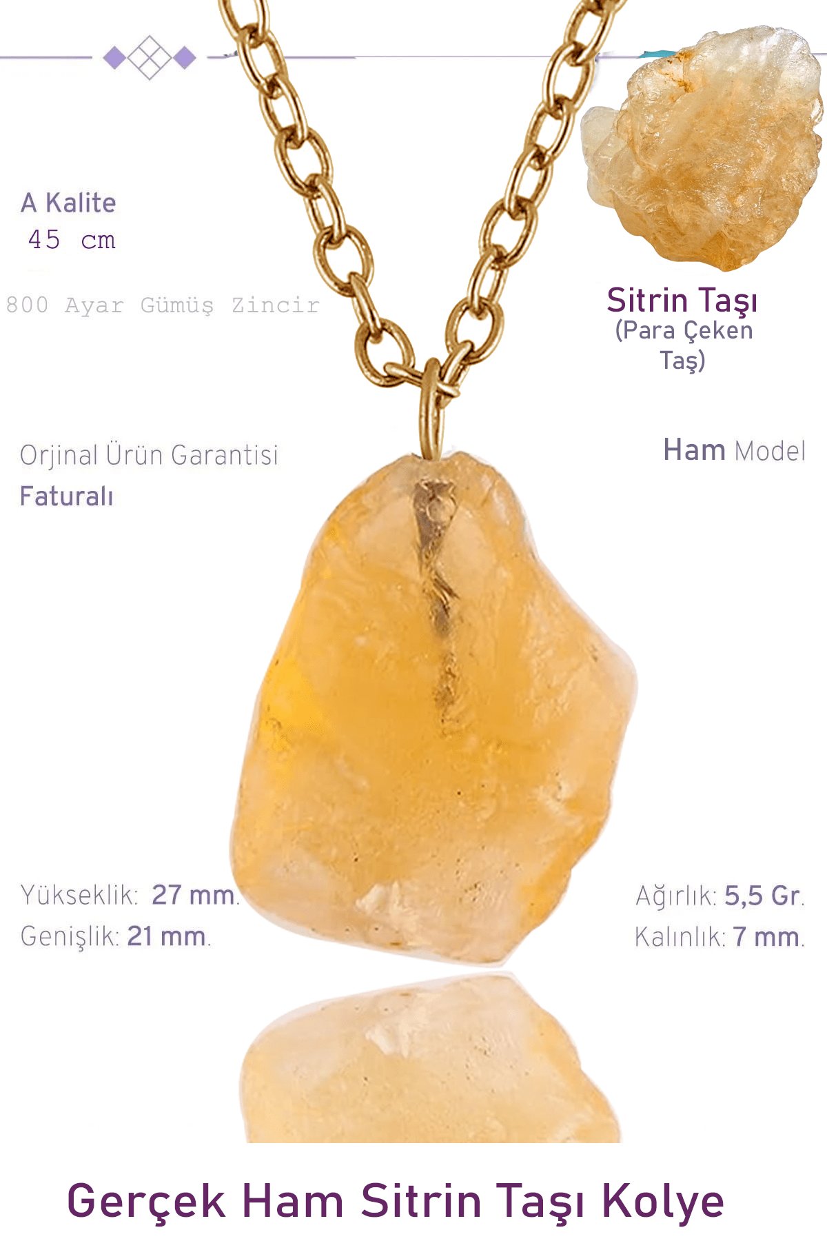 Sertifikalı Ham İşlenmemiş Sitrin Taşı Kolye - 24k Altın Kaplama