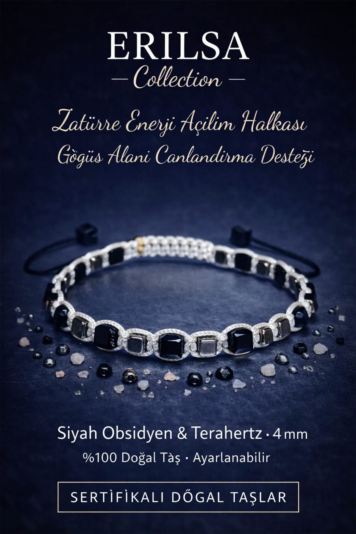 Sertifikalı Zatürre Göğüs Alanı Enerji Açılım Bilekliği – Siyah Obsidyen Terahertz 4 mm Doğal Taş