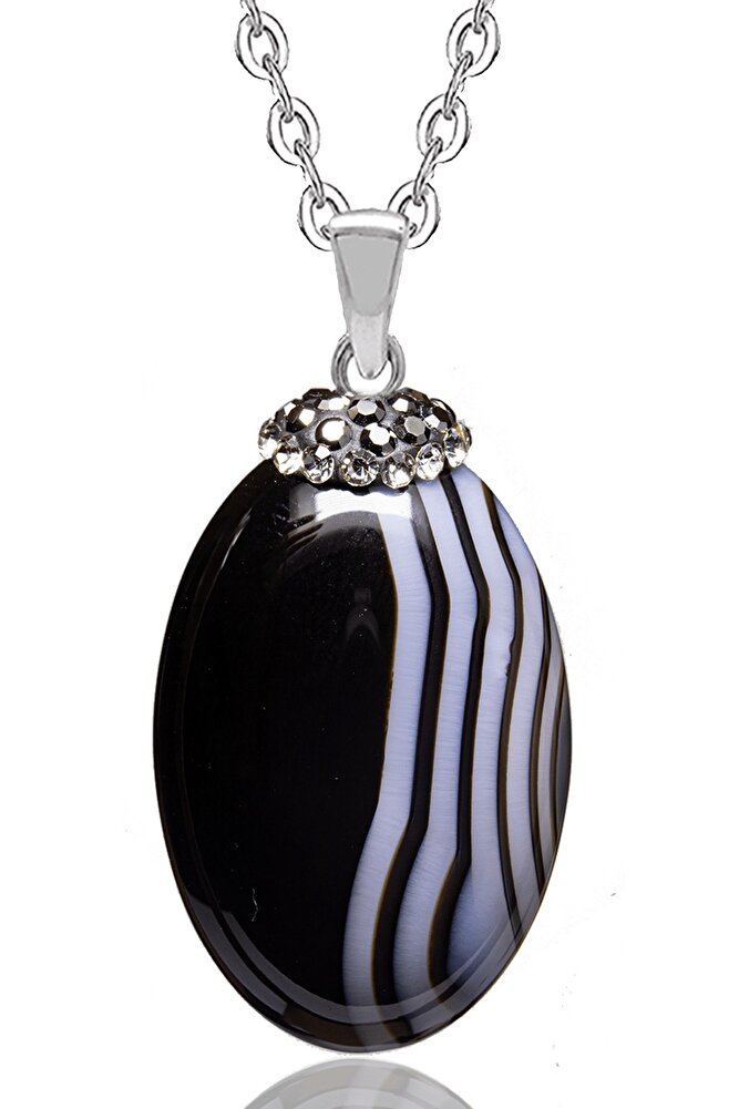 Sertifikalı Zirkon Işlemeli Siyah Akik Taşı Kolye