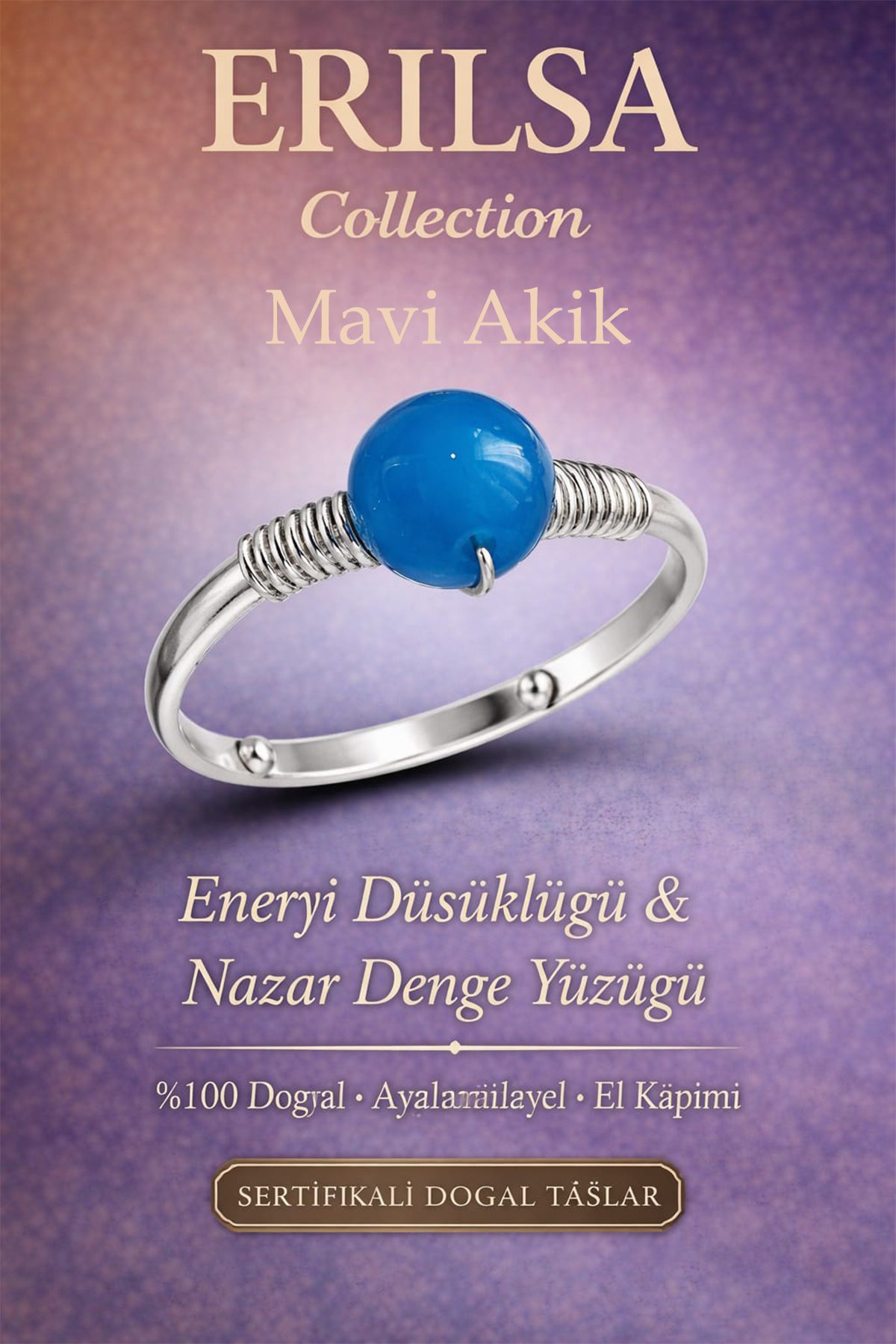 Sertifikalı Enerji Denge Yüzüğü – Açık Mavi Akik Ayarlanabilir İnce Kasa Balık Kova Burcu