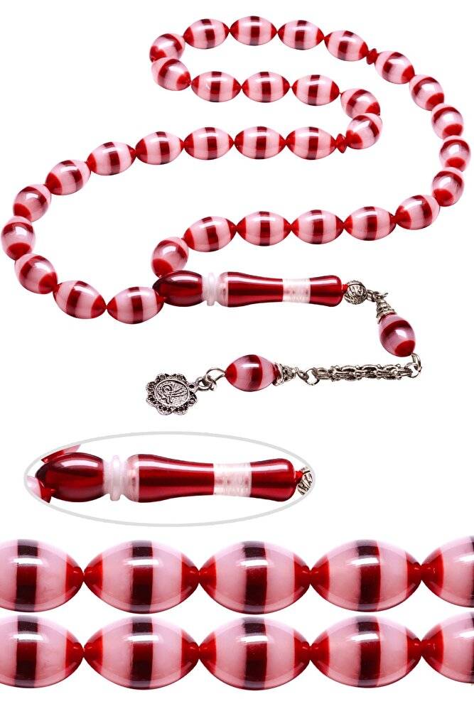 Sertifikalı Kral Püskül Kırmızı Renkli Sürmeli Toz Kehribar Tesbih