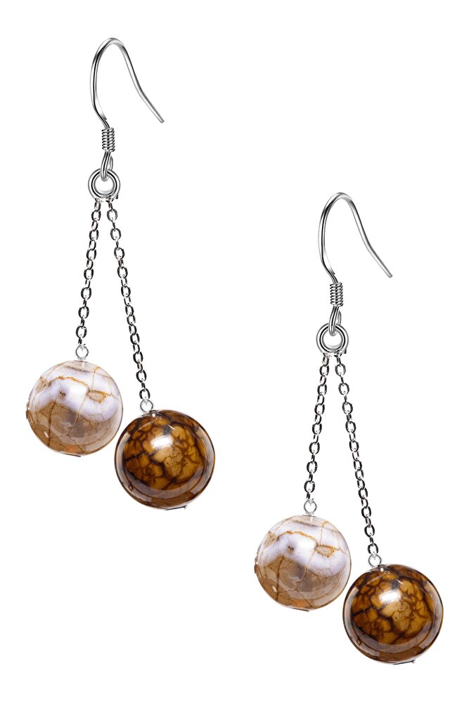 Sertifikalı Doğal Kahverengi Beyaz Tibet Akik Taşı Gümüş Küpe