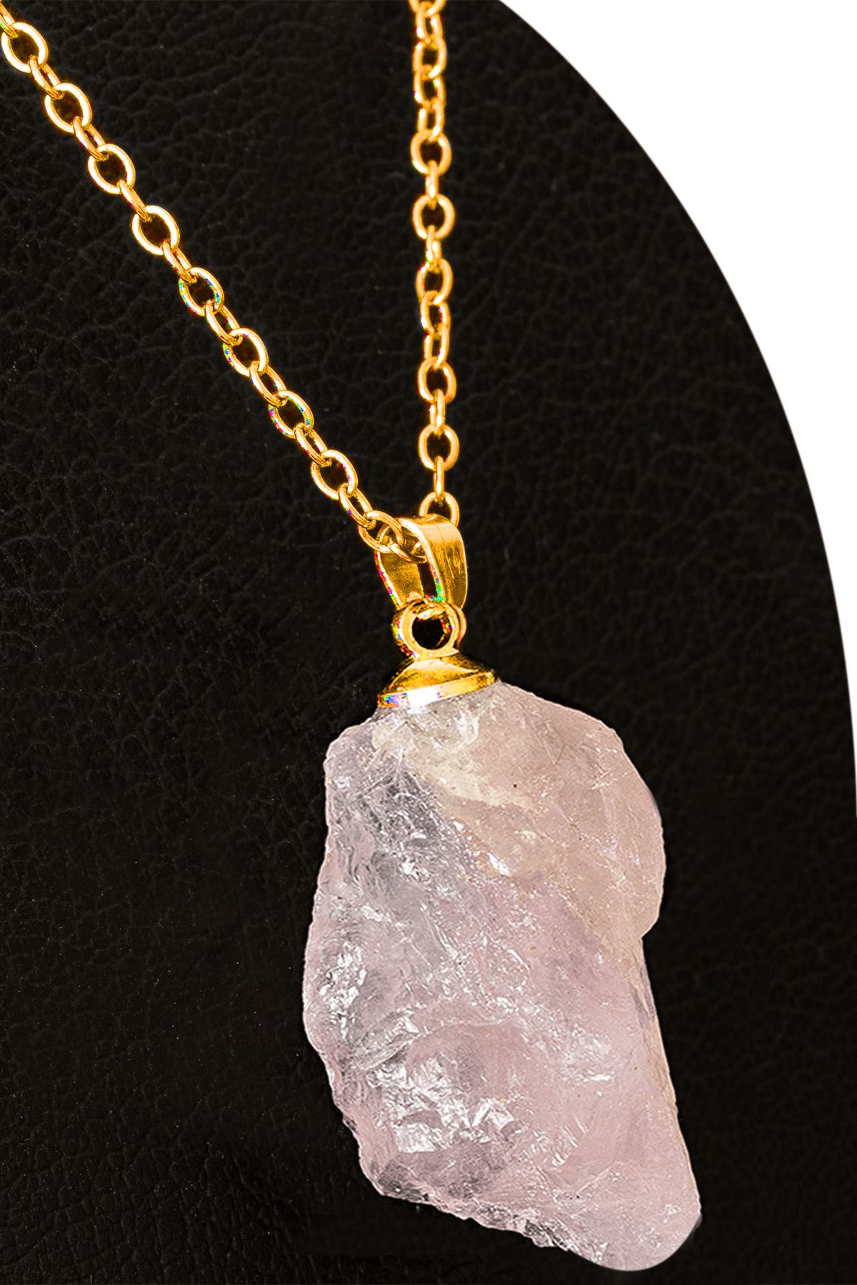 Sertifikalı Ham İşlenmemiş Pembe Kuvars Taşı Kolye - 24k Altın Kaplama