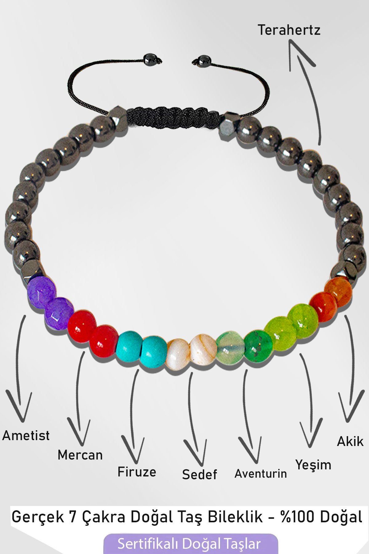 Sertifikalı Terahertz 7 Çakra Doğal Taş Bileklik Ametist,Mercan,Firuze,Sedef,Malahit,Aventurin,Akik