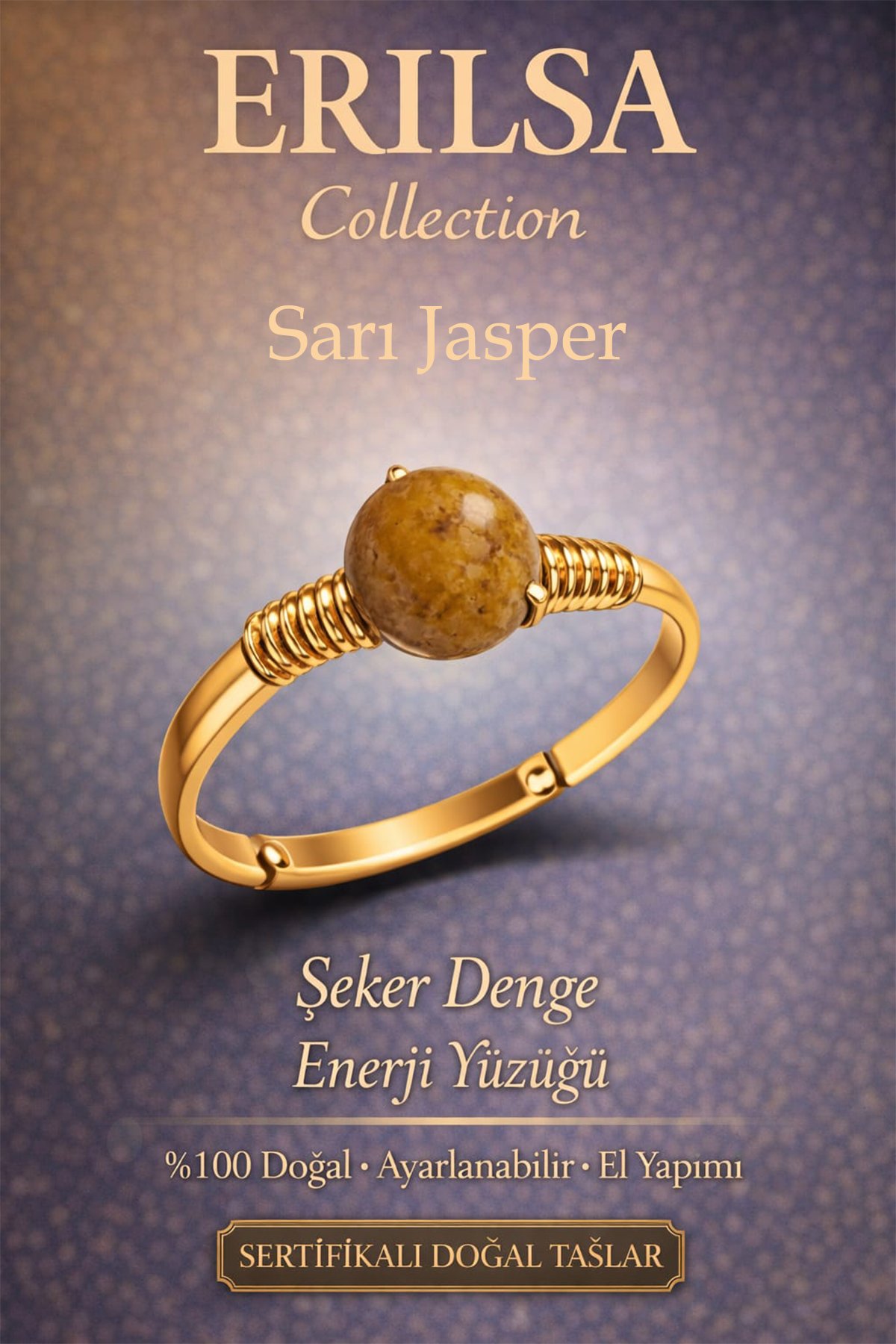 Sertifikalı Şeker Denge Enerji Yüzüğü – Sarı Jasper Ayarlanabilir Gold İnce Kasa Başak Boğa Burcu