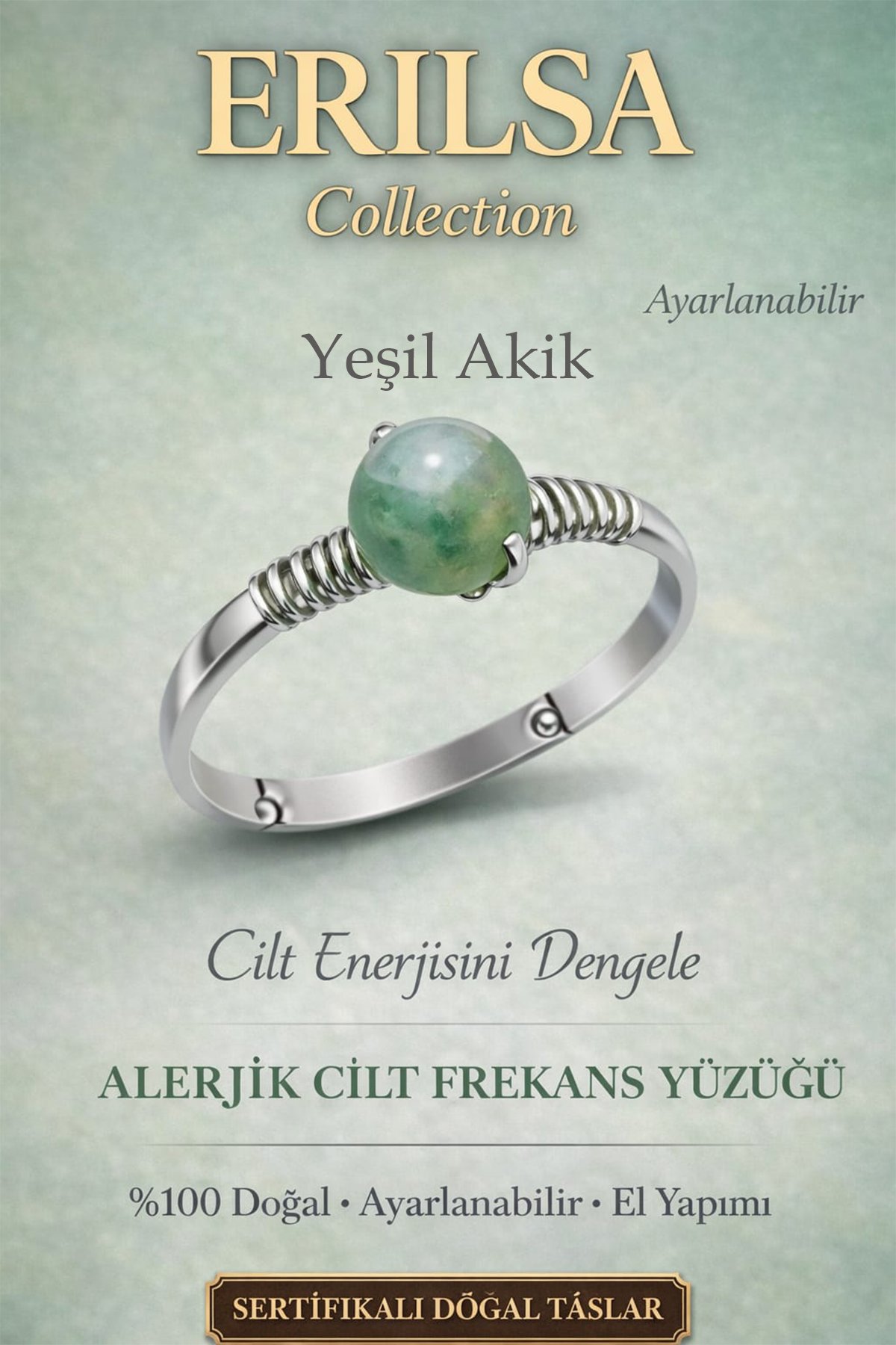 Sertifikalı Alerjik Cilt Enerji Yüzüğü – Yeşil Akik Ayarlanabilir İnce Kasa Boğa Başak Yengeç Burcu