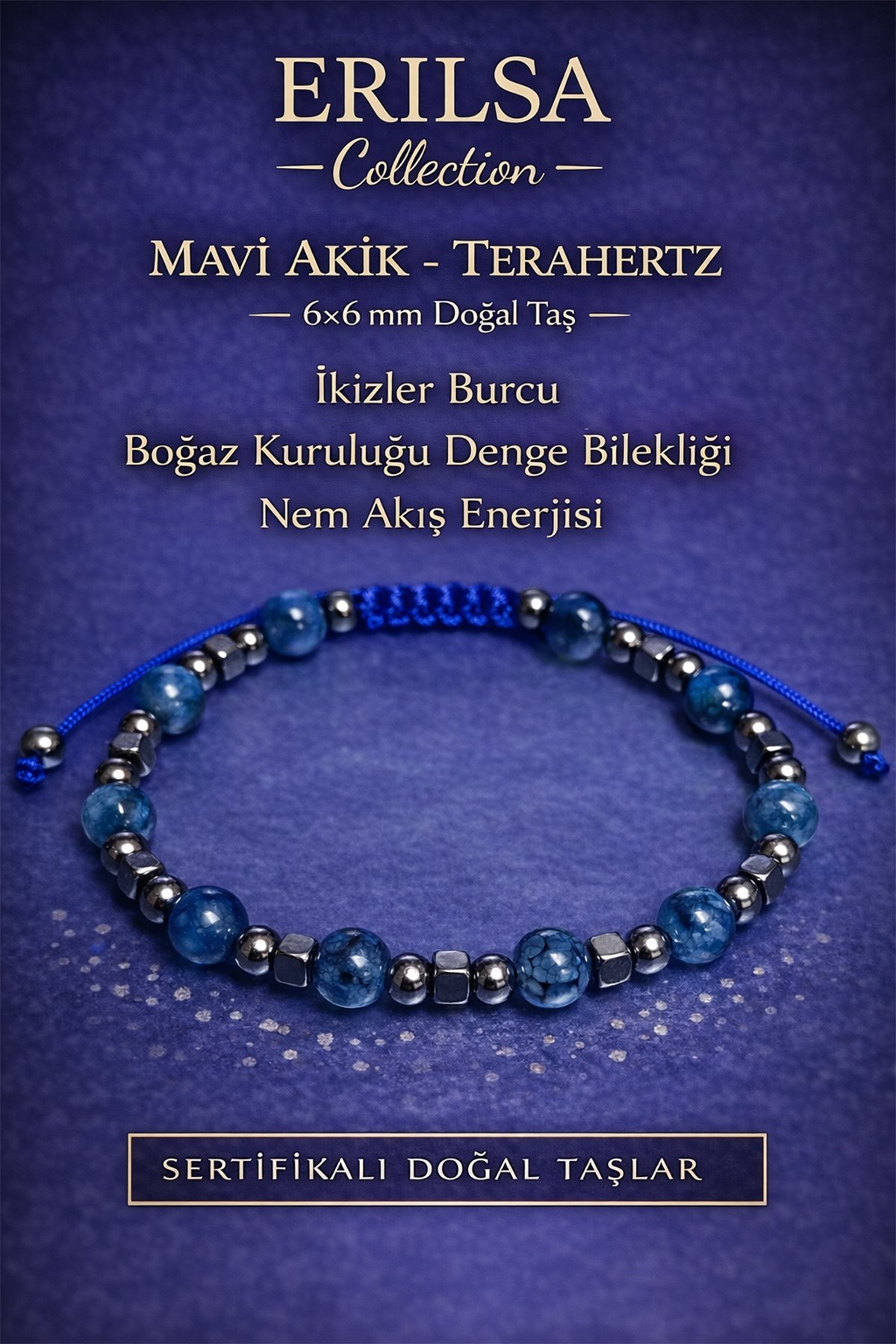 Sertifikalı Boğaz Kuruluğu Denge Nem Akış Enerjisi Bilekliği – Mavi Akik Ve Terahertz Doğal taş