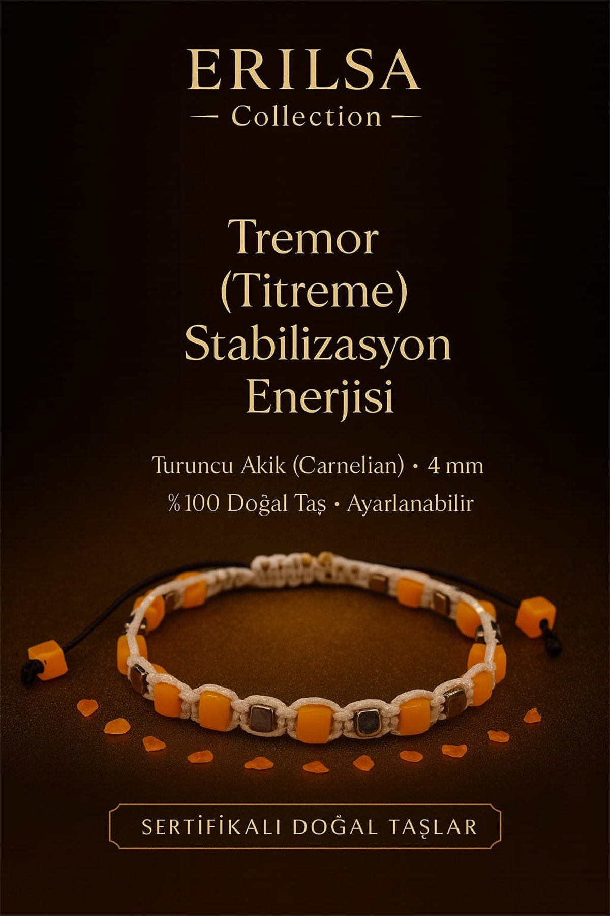 Sertifikalı Tremor (Titreme) Stabilizasyon Enerji Bilekliği – Turuncu Akik ve Terahertz 4 mm