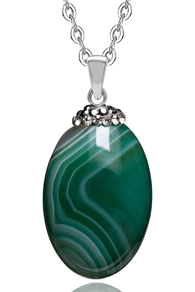 Sertifikalı Zirkon Taşlı Yeşil Akik Doğal Taş Kolye