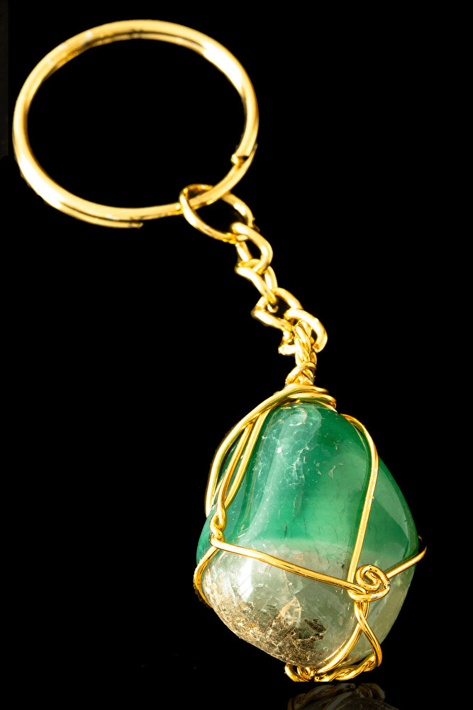 Sertifikalı Tel Sargılı Yeşil Akik Taşı Anahtarlık - Altın Kaplama