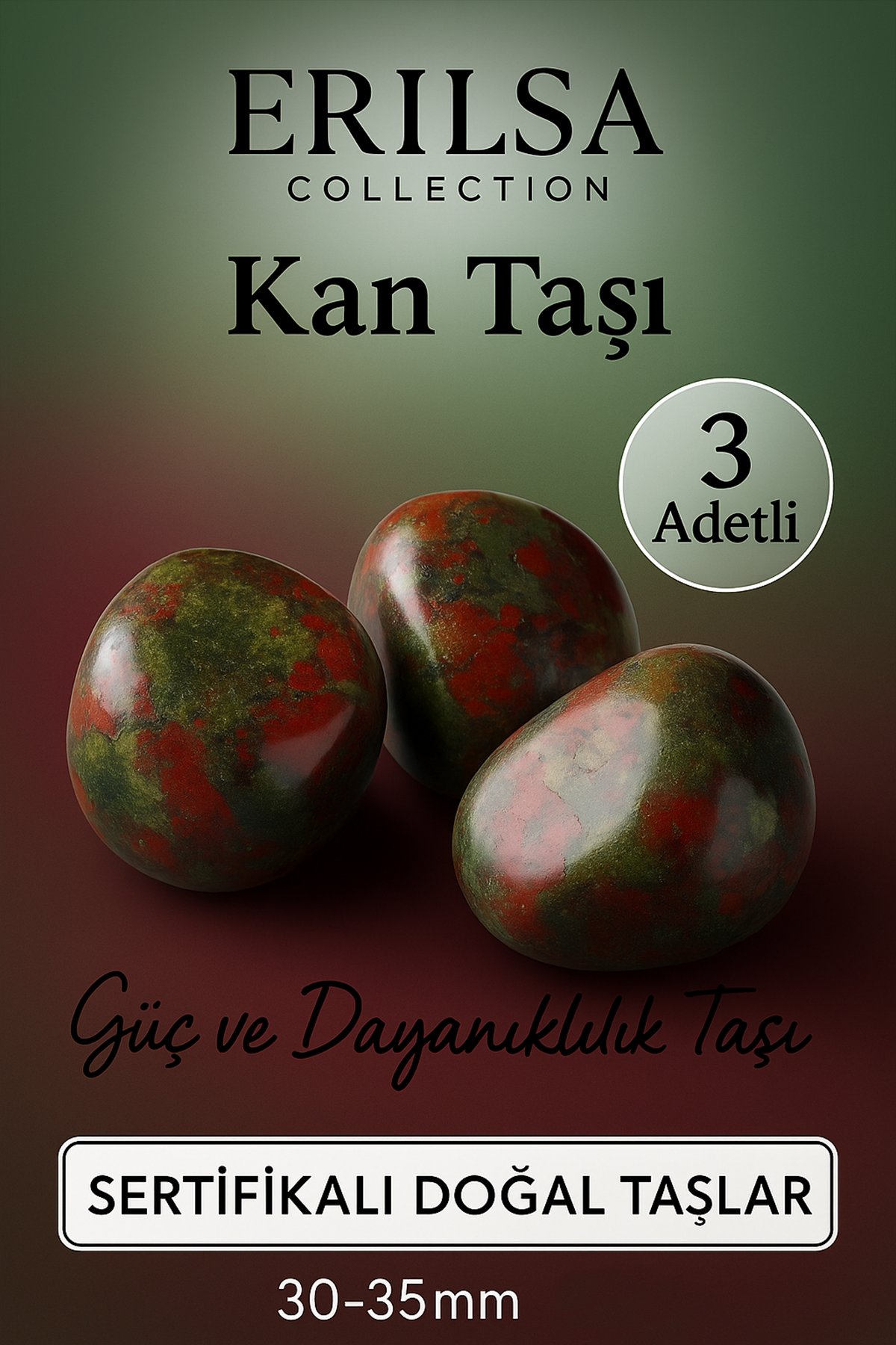 Sertifikalı Doğal Kan Taşı (Heliotrop) Kütle – 3 Adetli Güç ve Dayanıklılık Taşı 30-35 mm