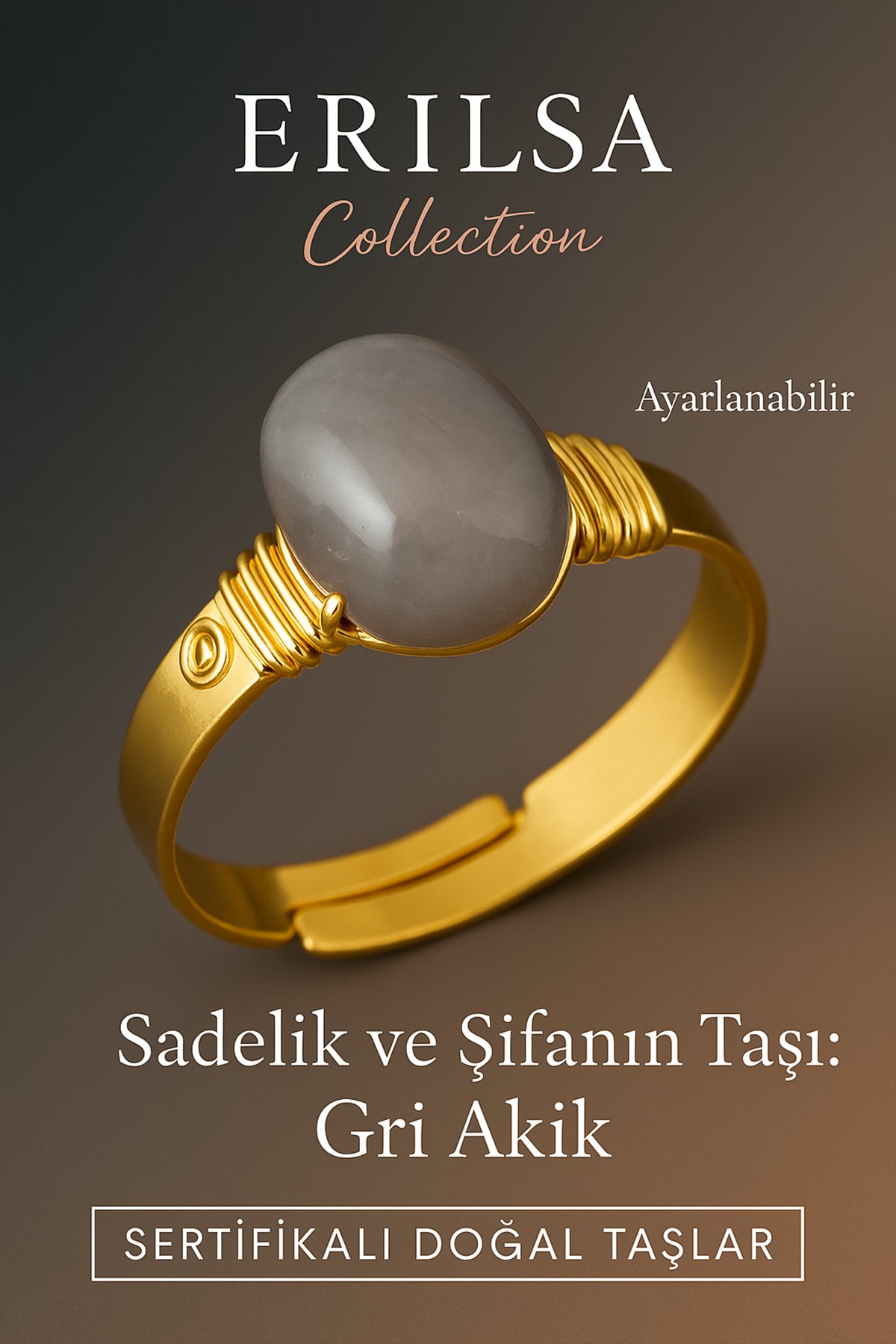 Sertifikalı Doğal Gri Akik Taşı Yüzük – Kalın Tımbıl Kasa Gold Renk Ayarlanabilir