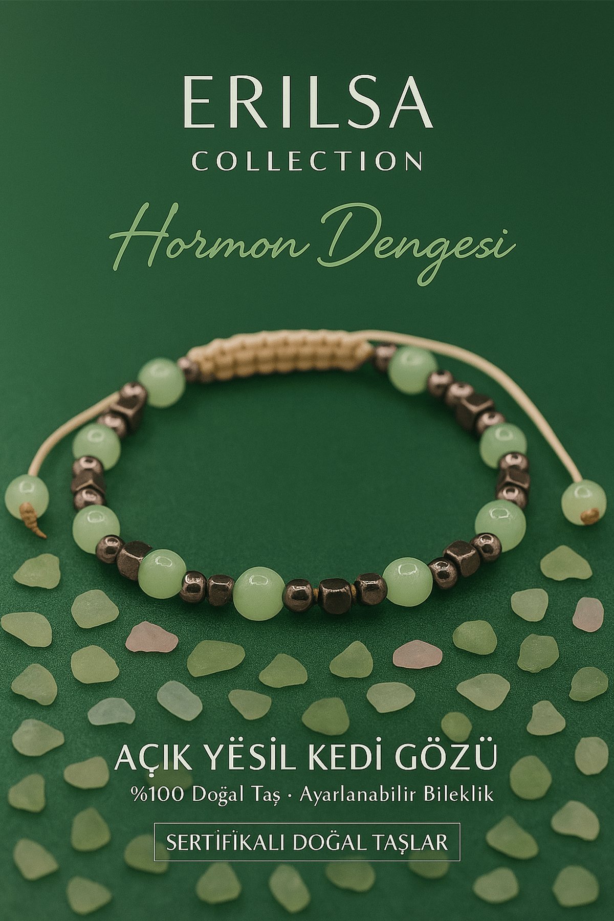 Sertifikalı Hormon Dengeleme Bilekliği - Açık Yeşil Kedi Gözü ve Terahertz Taşı – 6 mm