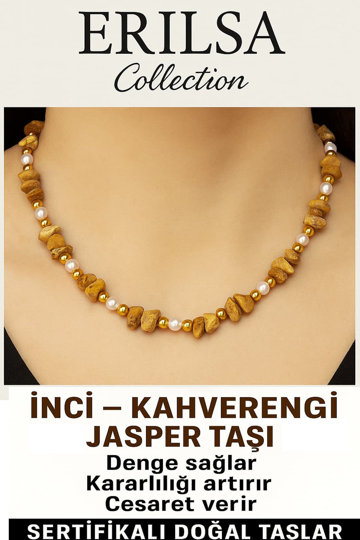 Sertifikalı Kırık Taşlı Model İnci – Kahverengi Jasper Taşı Kolye – Enerji ve Denge