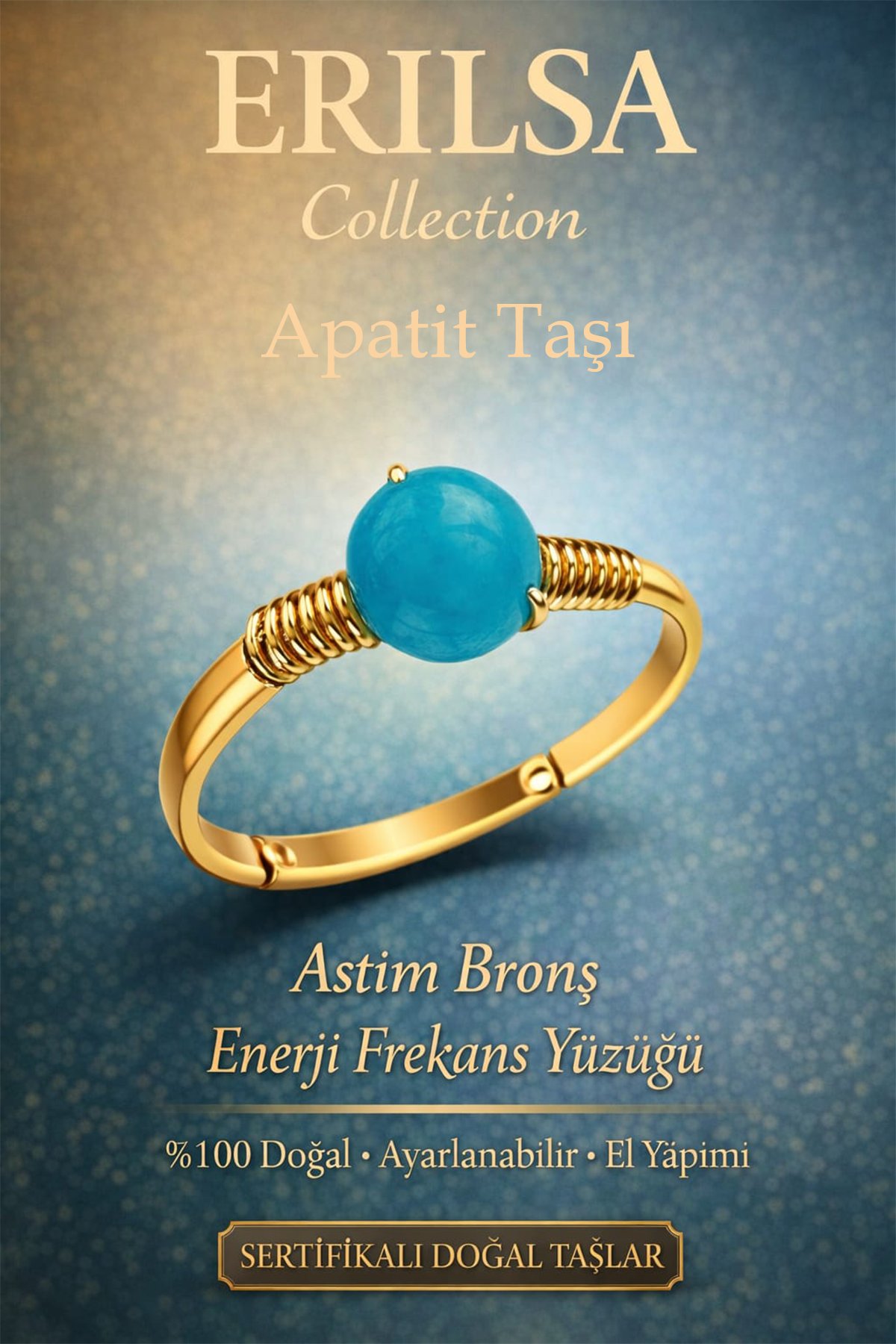 Sertifikalı Astım Bronş Enerji Frekans Yüzüğü – Apatit Taşı Ayarlamalı Gold İnce Kasa İkizler Kova