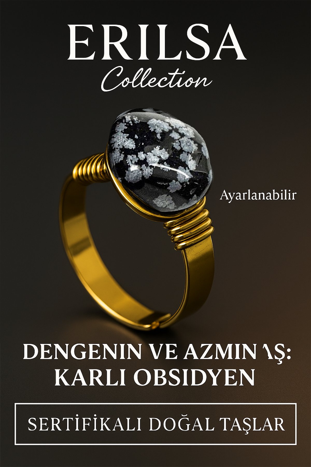 Sertifikalı Doğal Karlı Obsidyen Taşı Yüzük – Kalın Tımbıl Kasa Gold Ayarlanabilir