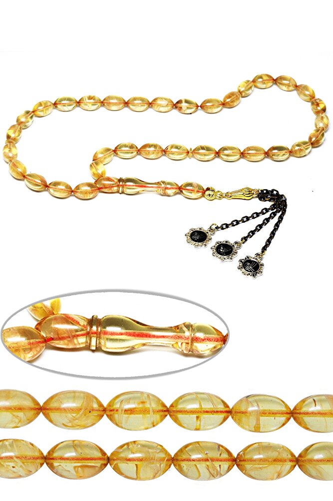 Sertifikalı Sarı Şeffaf Renkli Beyzi Kesim Sıkma Kehribar Tesbih