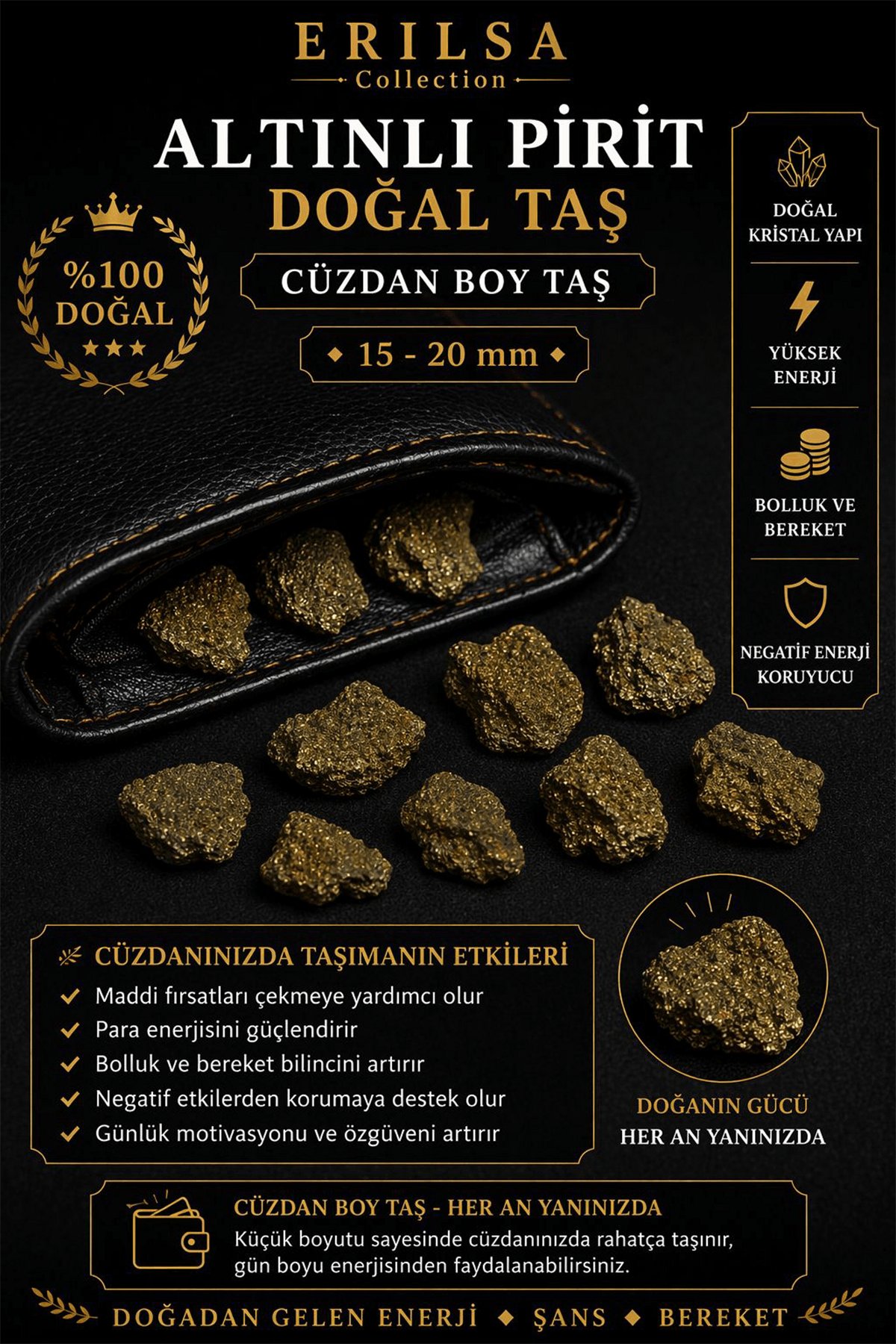 Sertifikalı Altınlı Pirit Cüzdan Taşı Kütle 15-20 mm Doğal Taş Kütle Bereket Taşı