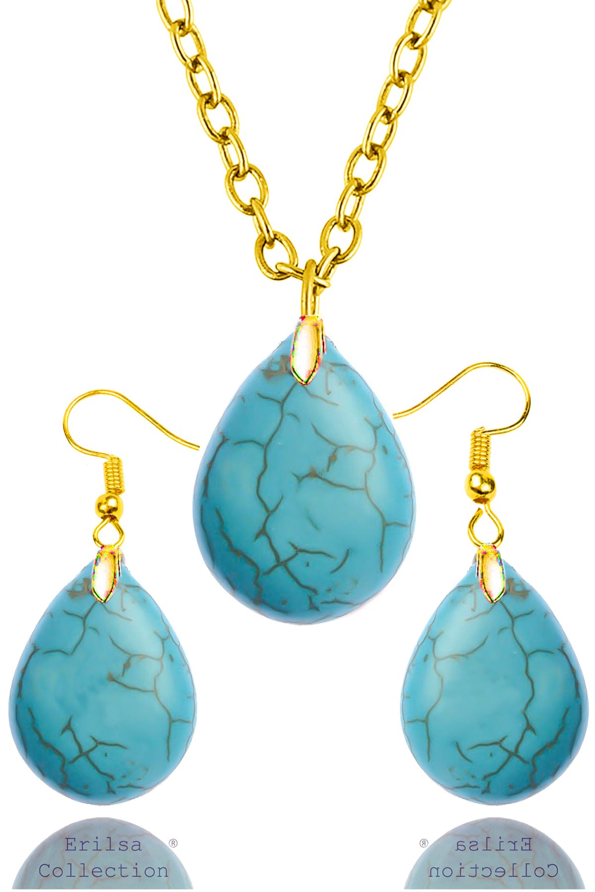 Sertifikalı Damla Model Firuze Taşı Kolye ve Küpe Seti - 24k Altın Kaplama