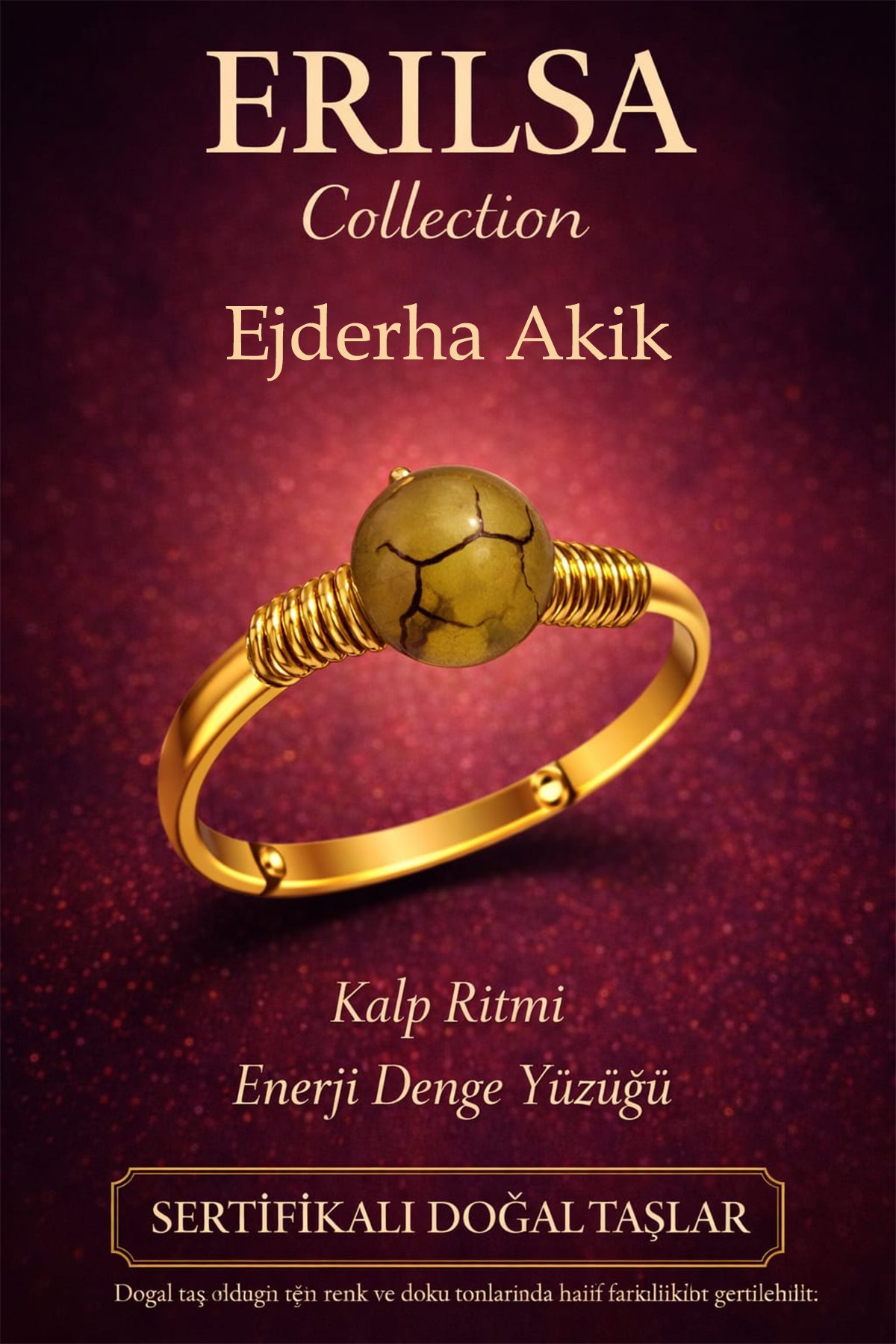 Sertifikalı Kalp Ritmi Enerji Yüzüğü – Ejderha Akik Ayarlanabilir Gold İnce Kasa Aslan Koç Burcu