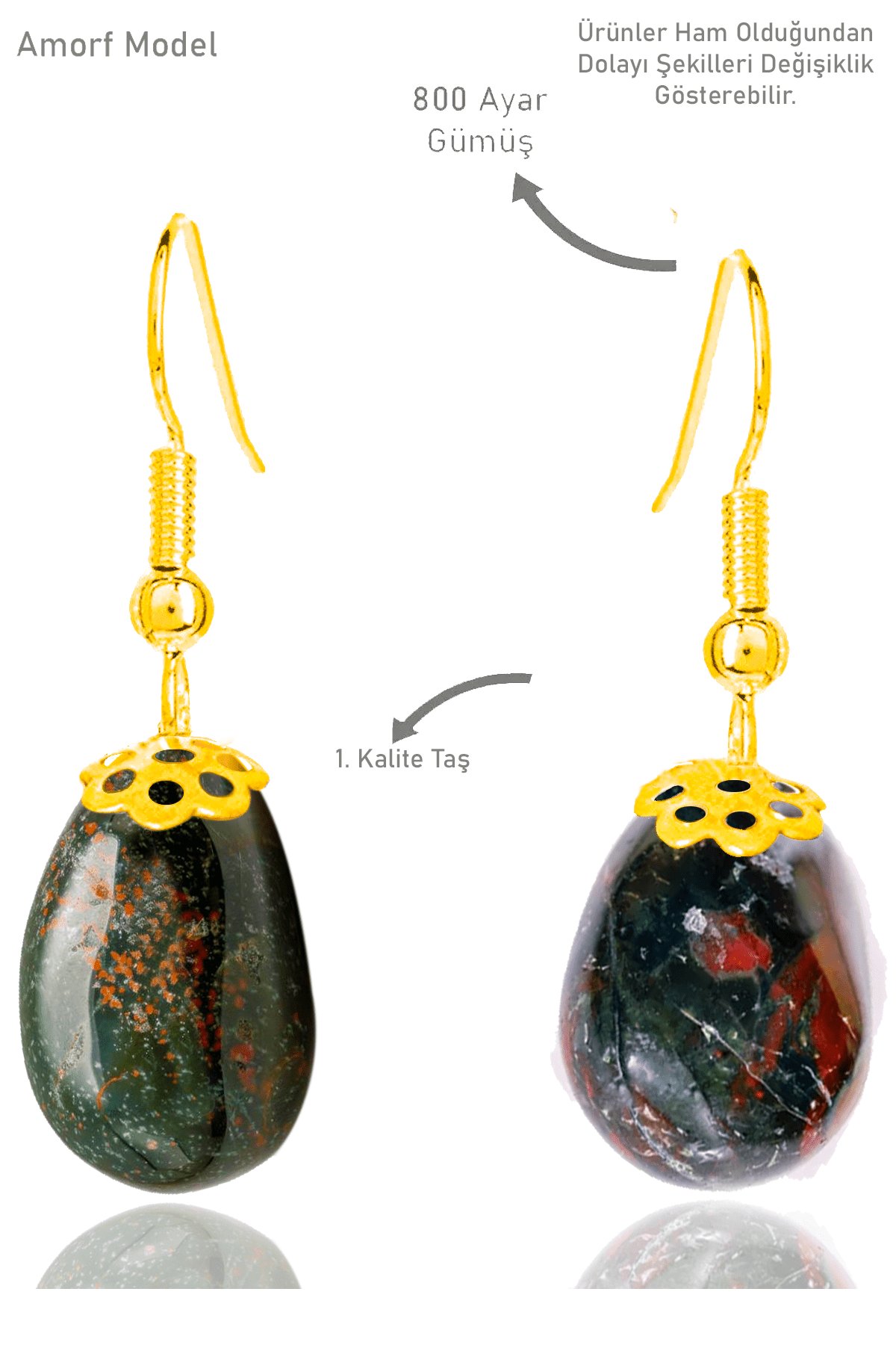 Sertifikalı Amorf Model Kan Taşı Küpe (Heliotrop Taşı) - Gold Renkli