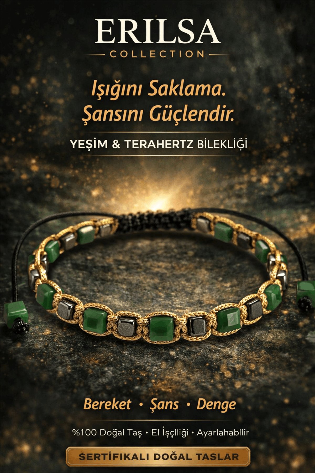 Sertifikalı Doğal Taş Yeşim Terahertz Bileklik - Küp Kesim Fasetli Bereket Şans Bilekliği Unisex