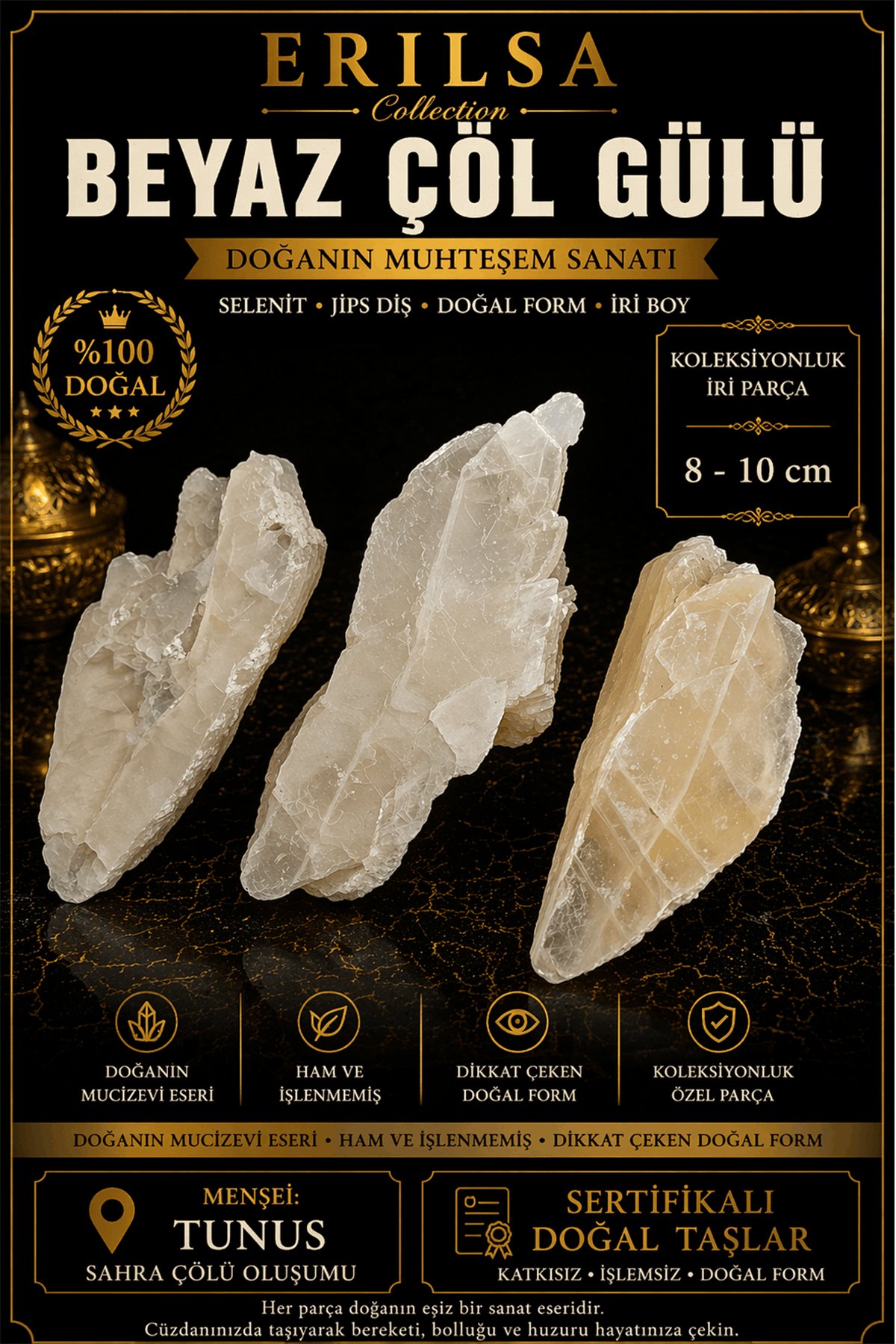 Sertifikalı Beyaz Çöl Gülü Selenit Taşı Kütle - 8-10 cm İri Parça Doğal Kristal Koleksiyonluk