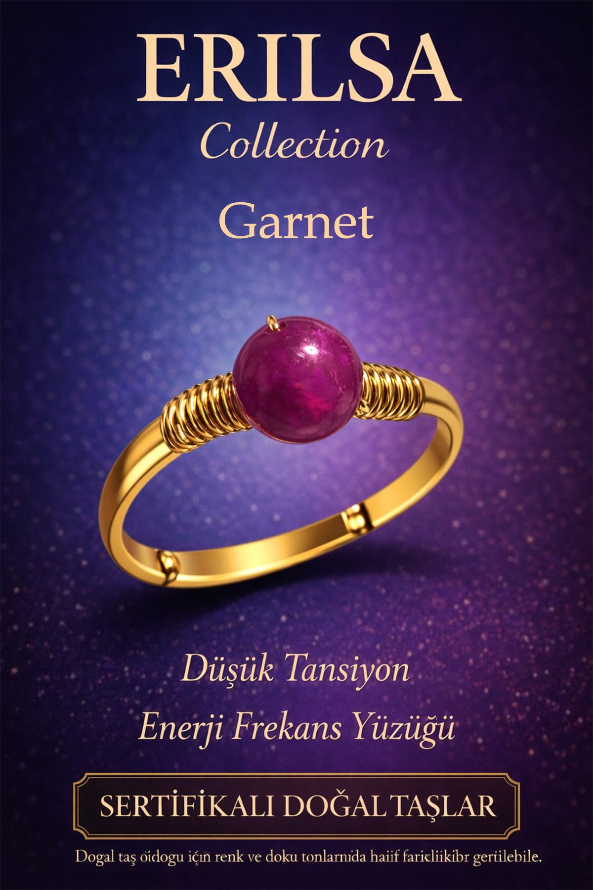 Sertifikalı Düşük Tansiyon Enerji Yüzüğü – Lal Garnet Taşı Ayarlanabilir Gold İnce Kasa Koç Aslan