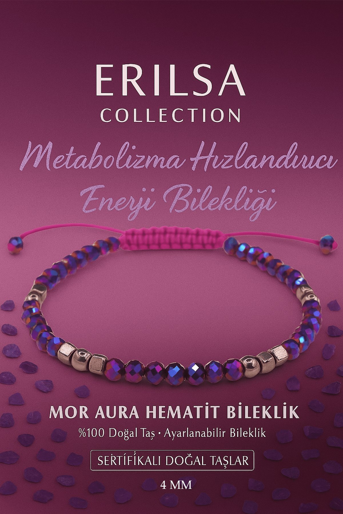 Sertifikalı Metabolizma Hızlandırıcı Enerji Bilekliği -  Mor Aura Hematit Terahertz Doğal Taş 4mm