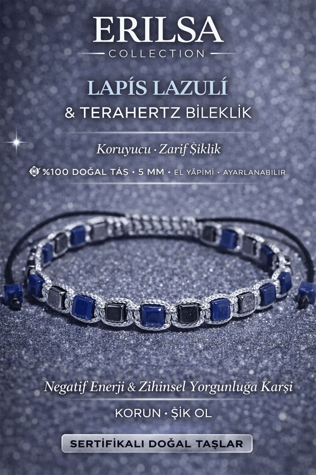 Sertifikalı Lapis Lazuli Taşı Bileklik - 5 mm Küp Kesim Terahertz Doğal Taş Ayarlanabilir